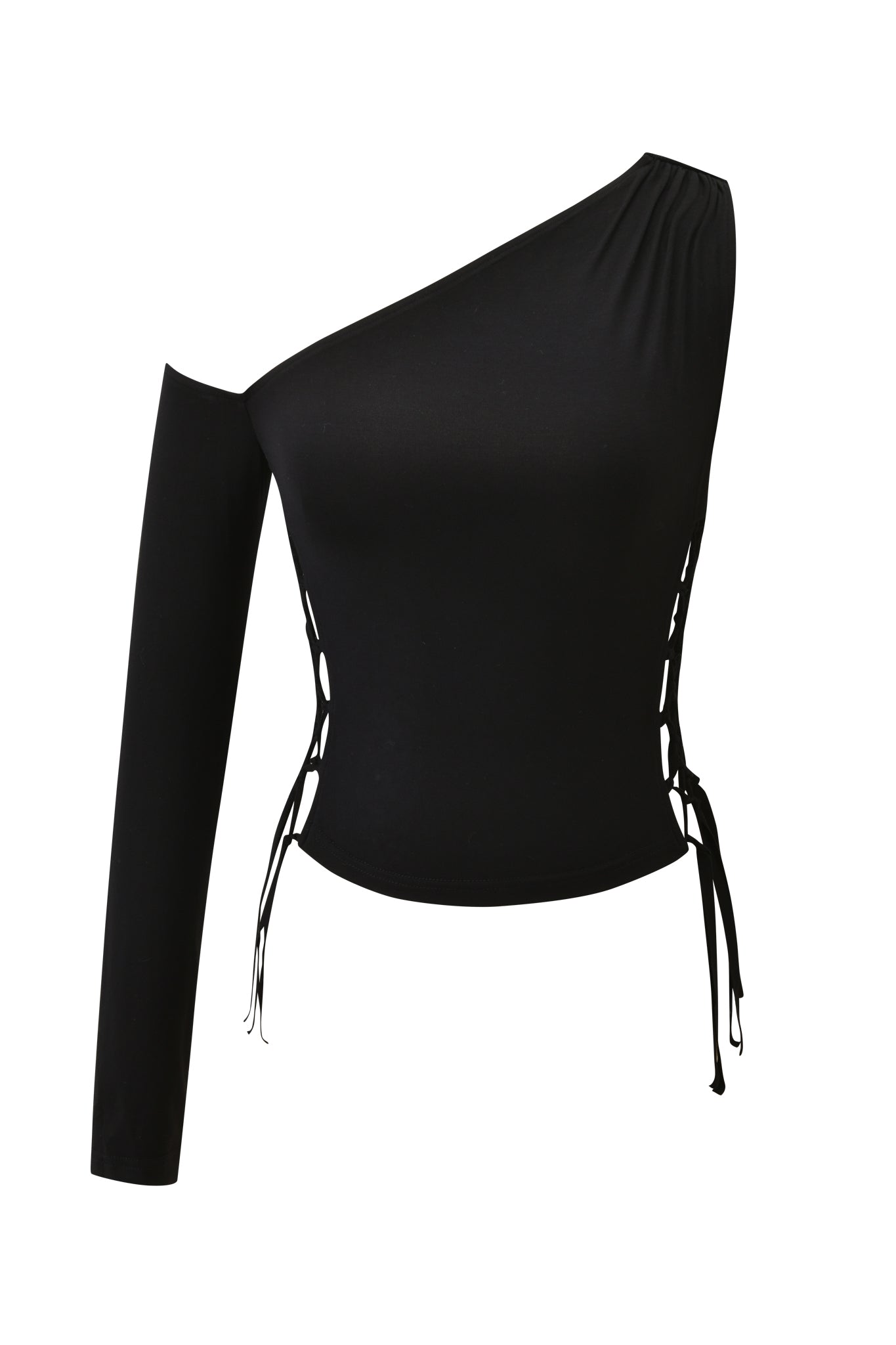 The MARIELLE TOP - BLACK by I.AM.GIA is a fitted, one-shoulder long sleeve top featuring an asymmetrical neckline and lace-up details on both sides, shown against a white background.
