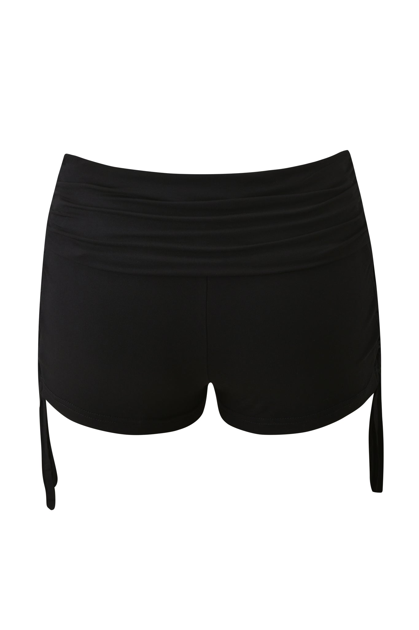 The MARIELLE SHORT - BLACK by I.AM.GIA is displayed from the back, featuring a ruched jersey knit waistband, short fitted legs with side ties, shown on a plain white background.