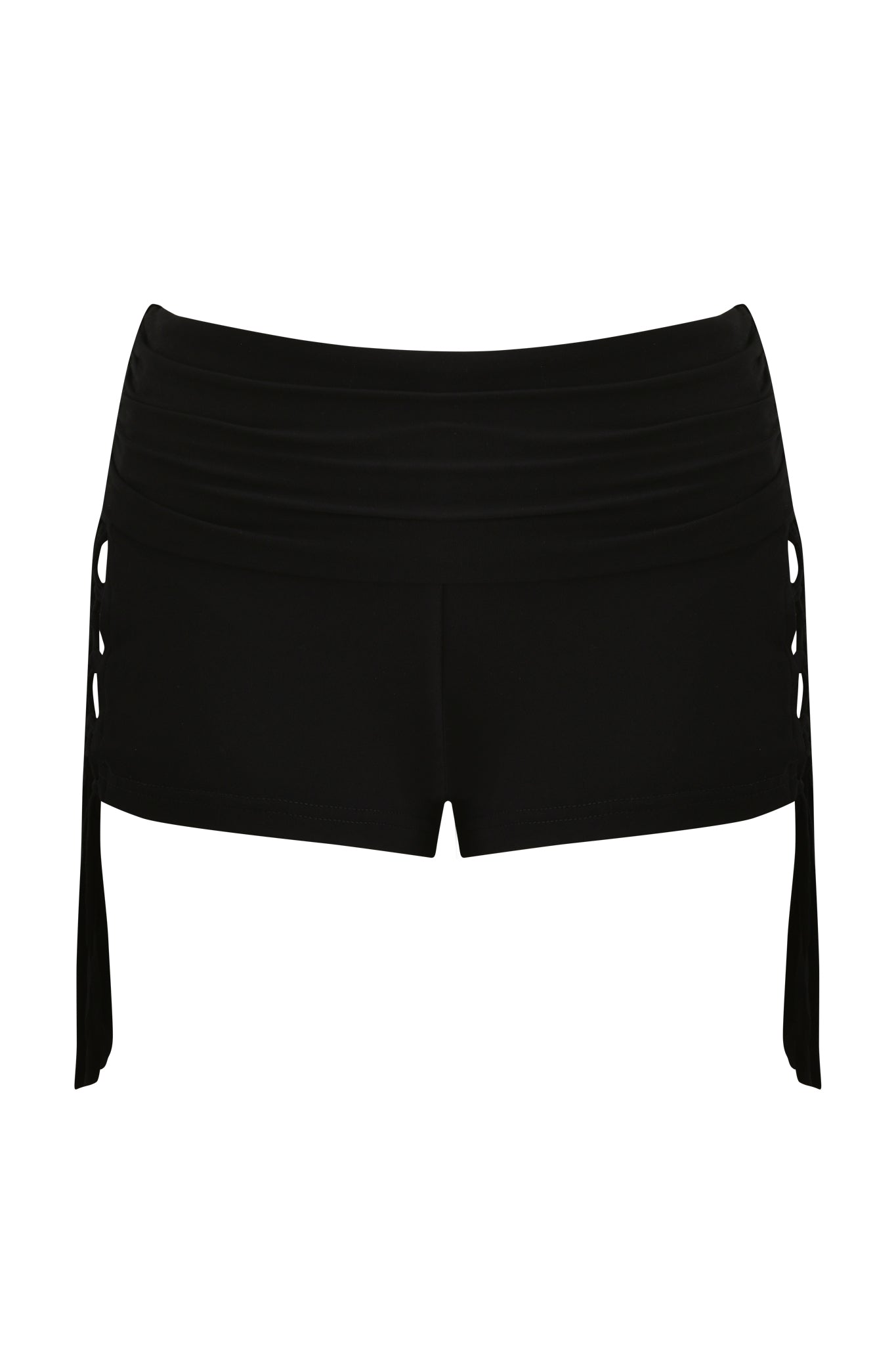 The MARIELLE SHORT - BLACK by I.AM.GIA features black micro swim shorts with a ruched waistband, side ties, jersey knit fabric, and side cutouts, shown against a plain white background.