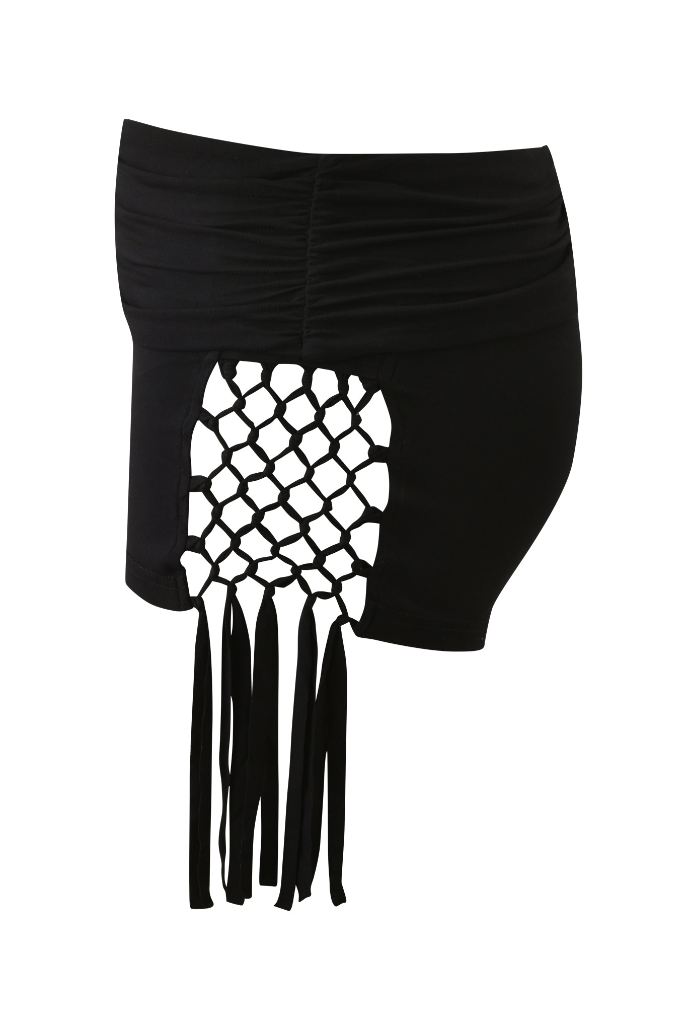 The MARIELLE SHORT - BLACK by I.AM.GIA features high-waisted black micro shorts with a netted lattice side cutout and long macrame fringe ties, shown on a white background.