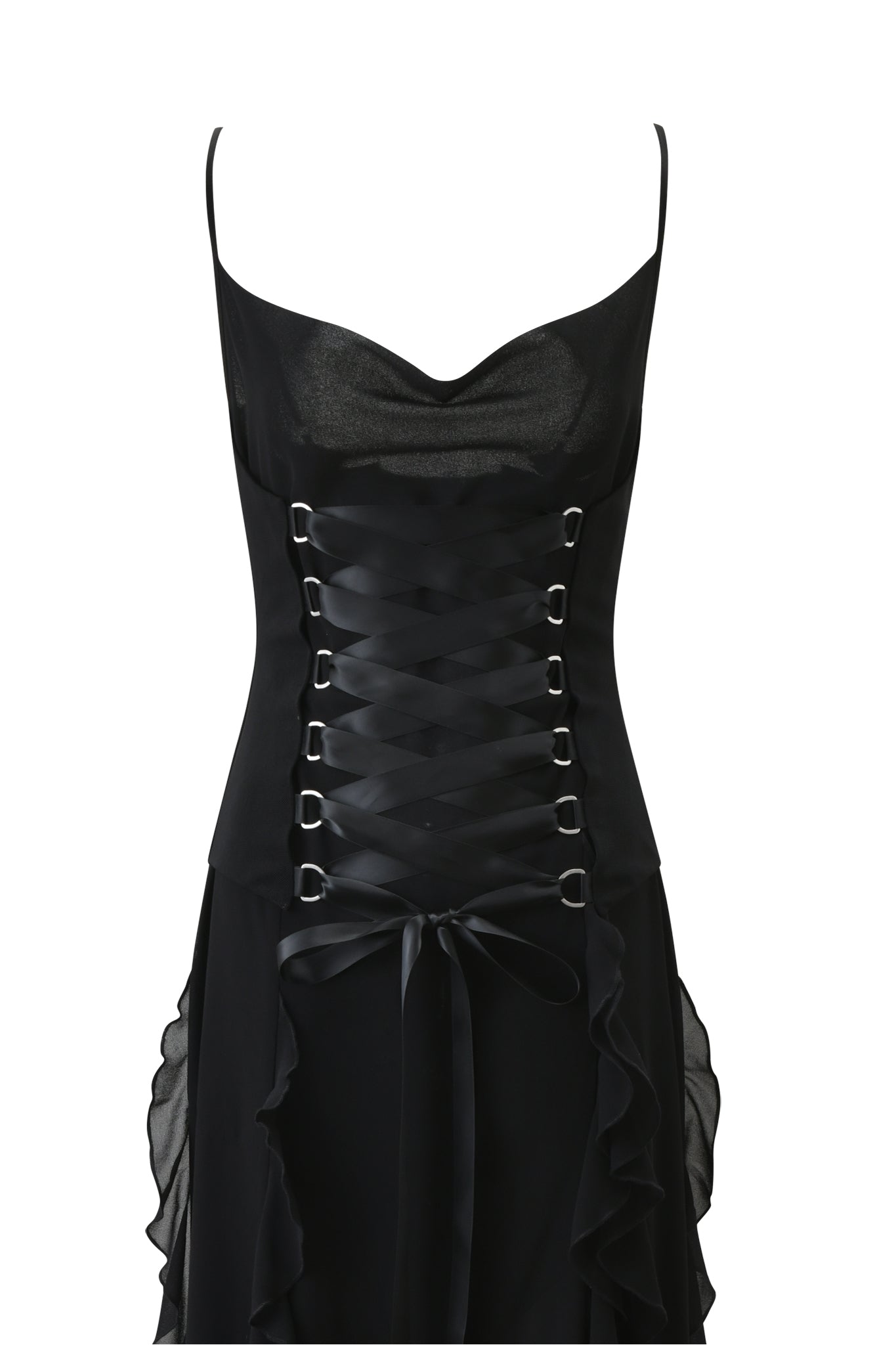 The I.AM.GIA MARLETTE 2.0 MAXI DRESS - BLACK features thin spaghetti straps, a fitted corset-style bodice with metal eyelets, ruffled side accents, and is shown against a white background.