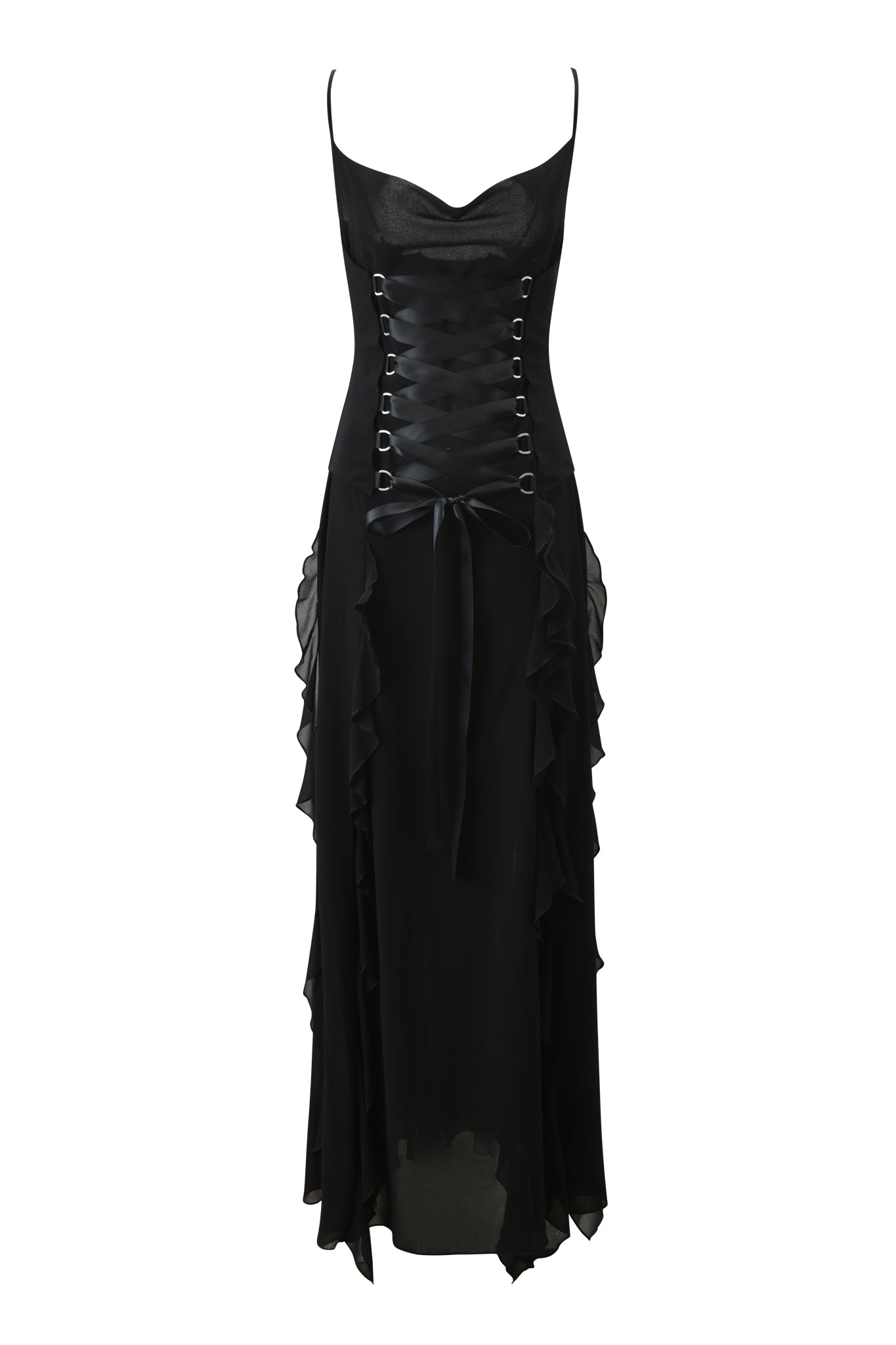 The I.AM.GIA MARLETTE 2.0 MAXI DRESS - BLACK features a fitted bodice with corset-style front lacing, thin straps, and a long ruffled skirt with sheer layers and an asymmetrical hem for a striking maxi look.