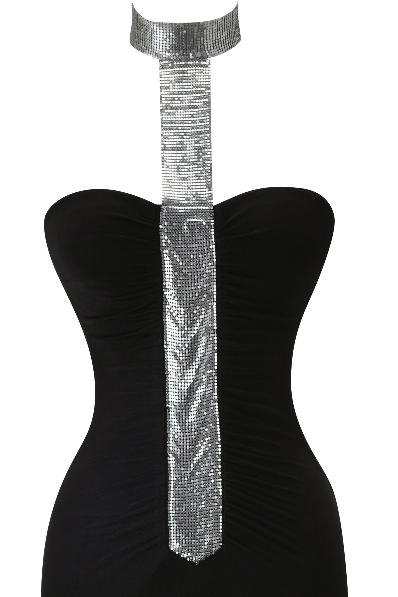 The BROOKE MAXI DRESS - BLACK by I.AM.GIA is a strapless black maxi with a fitted mermaid silhouette and a metallic silver halter neck strap that extends down the front like a shiny tie.