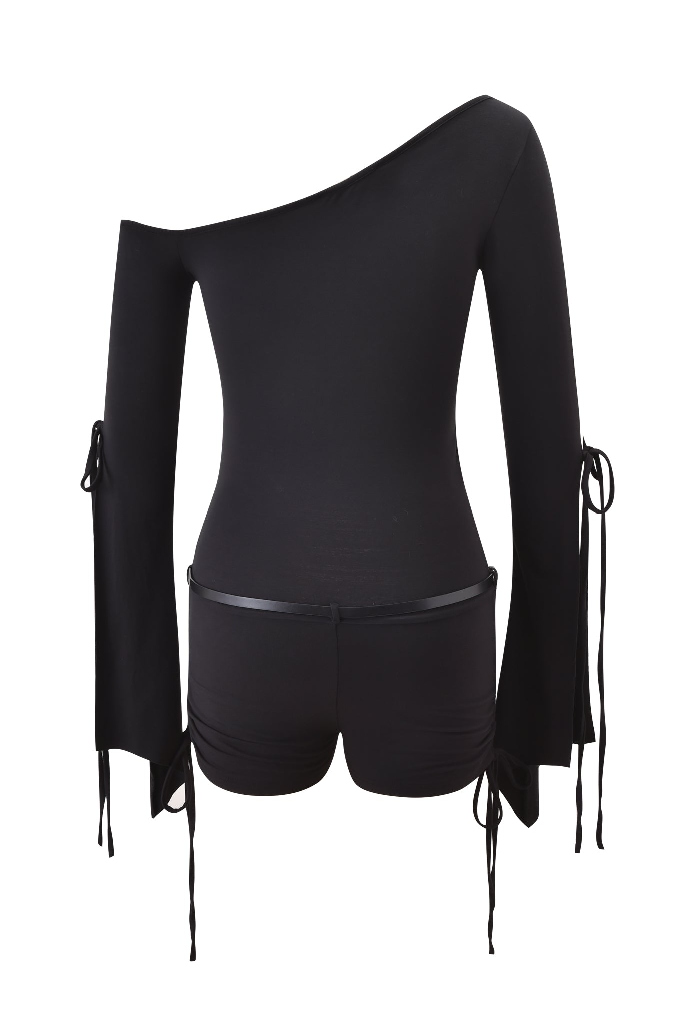 The SAPHY PLAYSUIT - BLACK by I.AM.GIA is a black off-shoulder, long-sleeve playsuit with tie details on the sleeves and sides, shown elegantly against a white background.