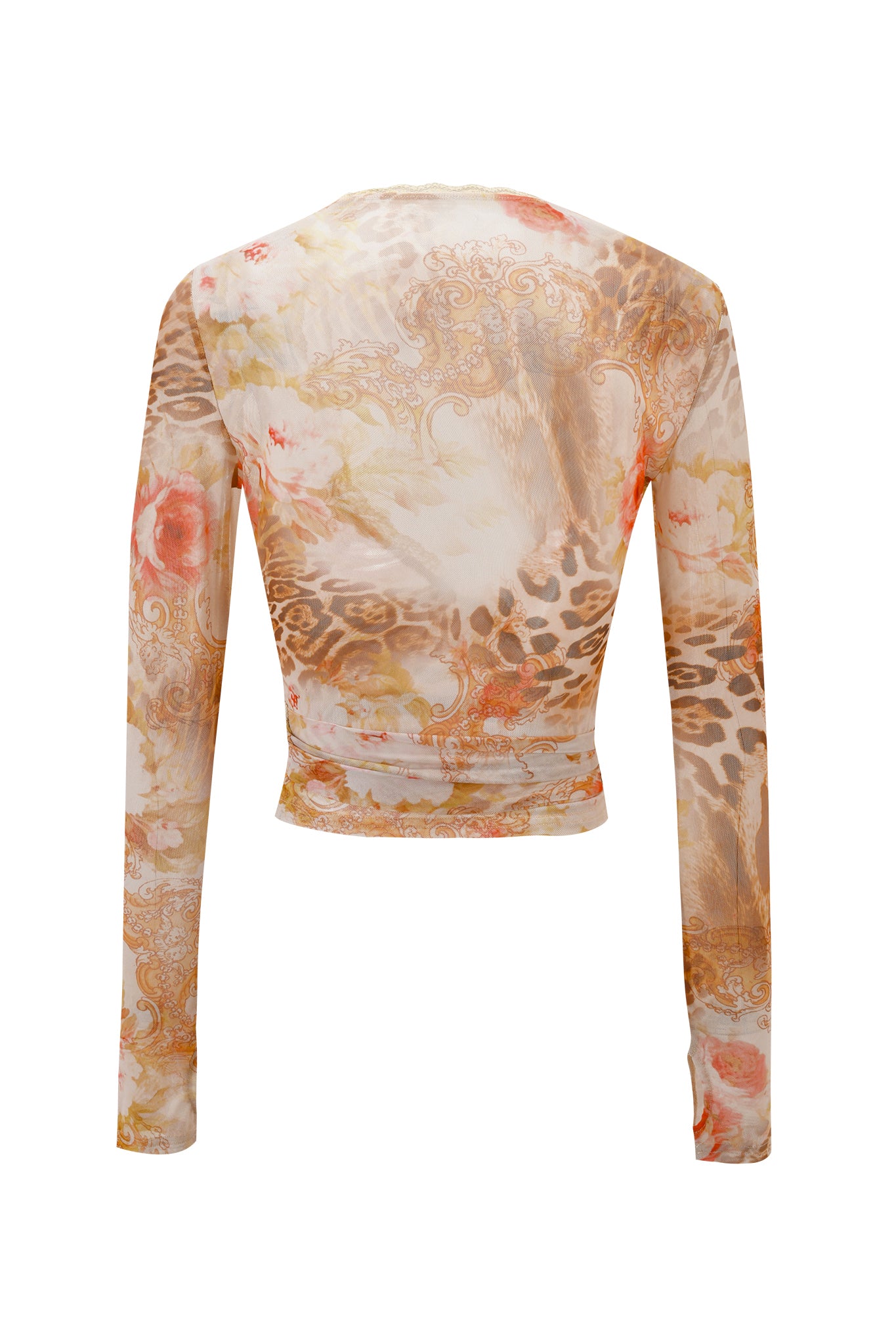The ERISKA TOP - DESERT ROSE by I.AM.GIA is a sheer, long-sleeve fitted top featuring beige, brown, and peach floral and animal prints with scalloped lace trim. Shown from the back against a white background.