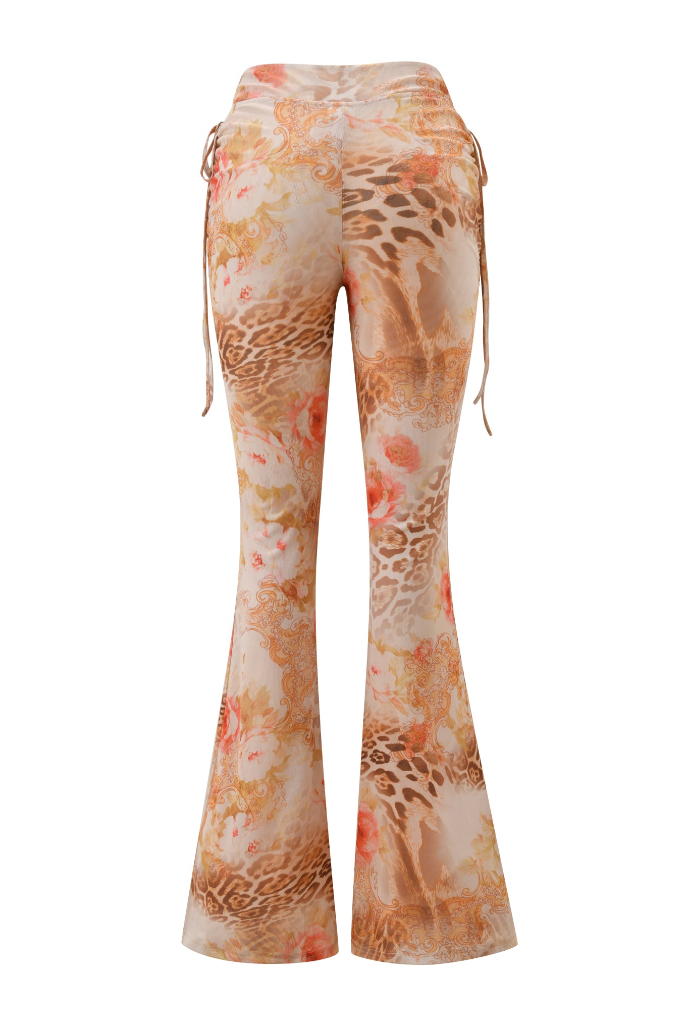 The ERISKA PANT - DESERT ROSE by I.AM.GIA features flared, high-waisted pants in beige, brown, and peach tones with side hip ties and a unique mix of floral and animal prints.