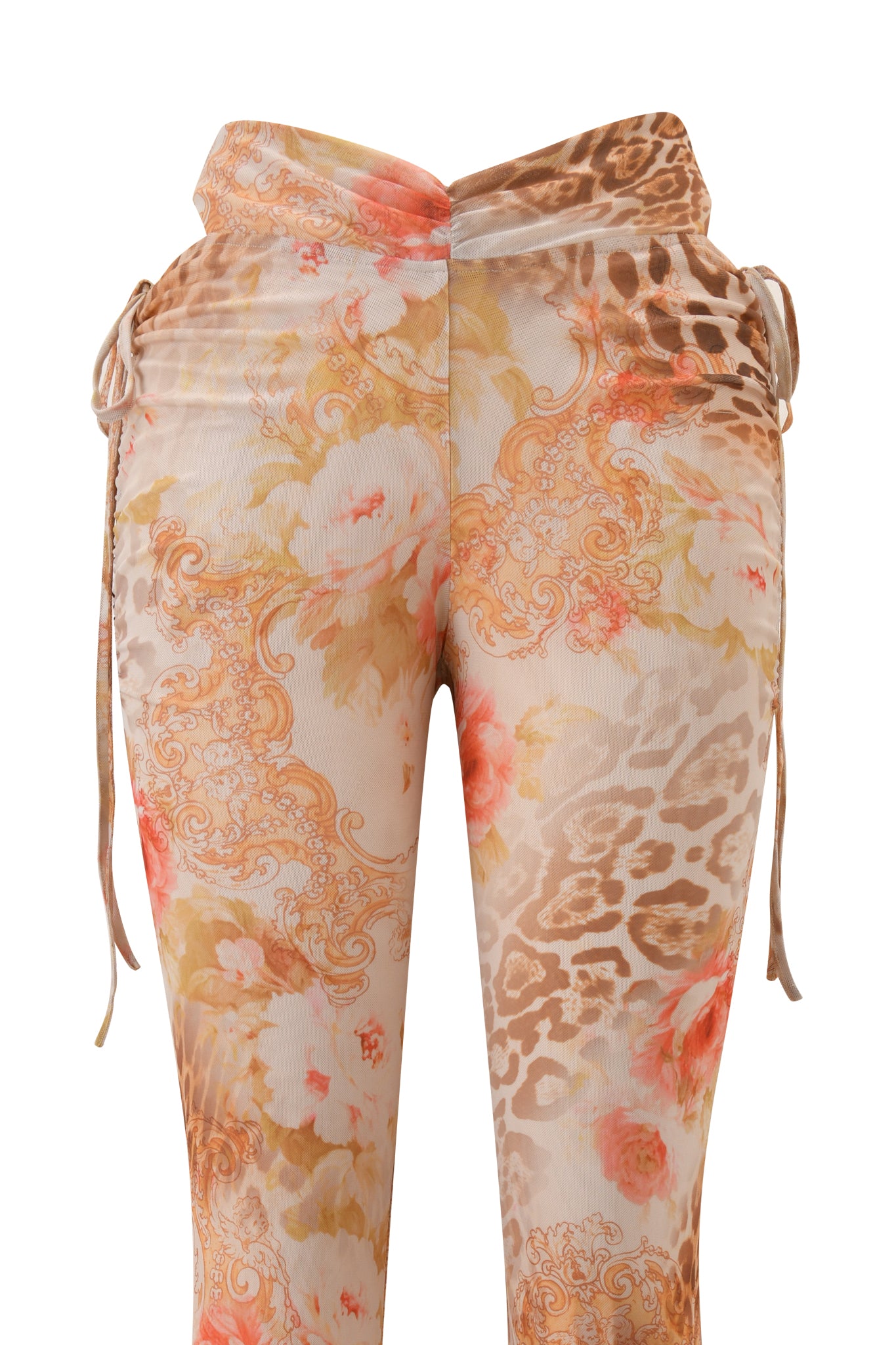The I.AM.GIA ERISKA PANT - DESERT ROSE features a beige, peach, orange, and brown floral animal print with a high waist, side ties, and a wrap-style waistband for standout style.