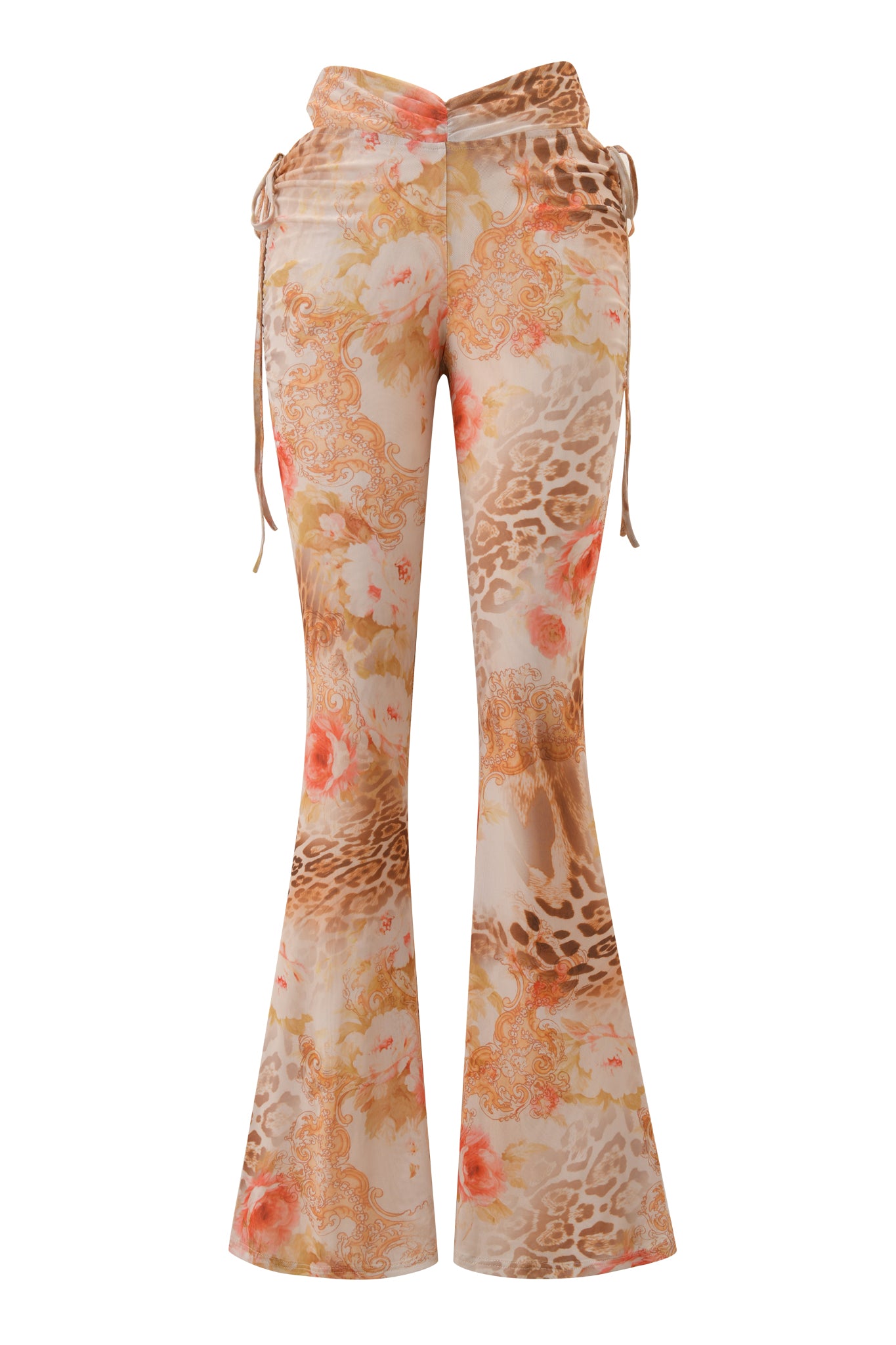 The I.AM.GIA ERISKA PANT - DESERT ROSE features high-waisted, flowy wide-leg pants with beige, brown, and peach mixed floral and animal prints, plus side drawstrings at the hips for a playful touch.
