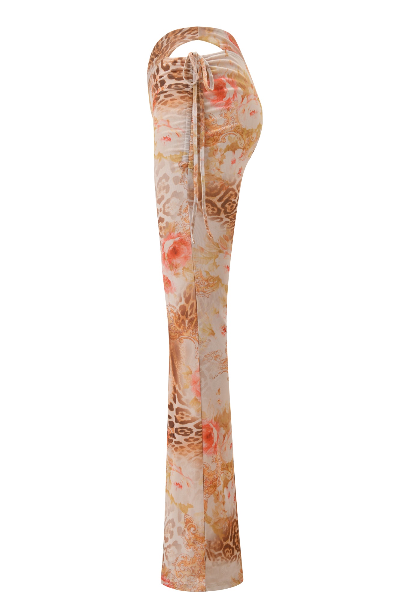 A side view of the ERISKA PANT - DESERT ROSE by I.AM.GIA, showcasing sleeveless, halter-neck style and an all-over print mixing leopard spots with orange floral motifs on a beige background.