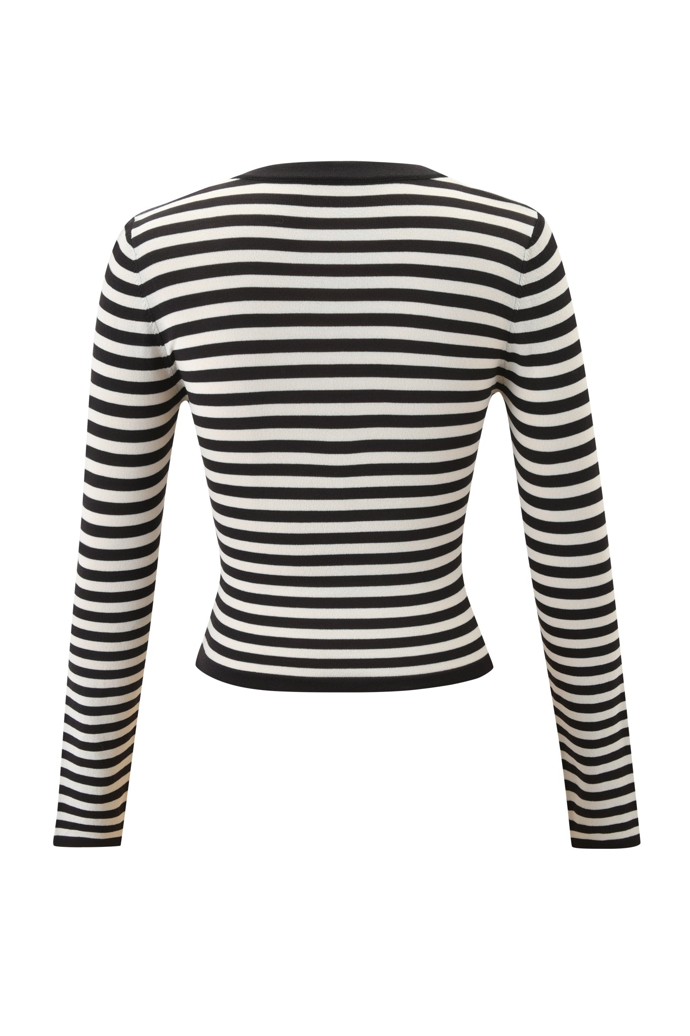 The ZINNIA TOP by I.AM.GIA is shown from the back, featuring black and cream stripes, long sleeves, a bodycon fit that accentuates the waist, and a classic crew neckline.
