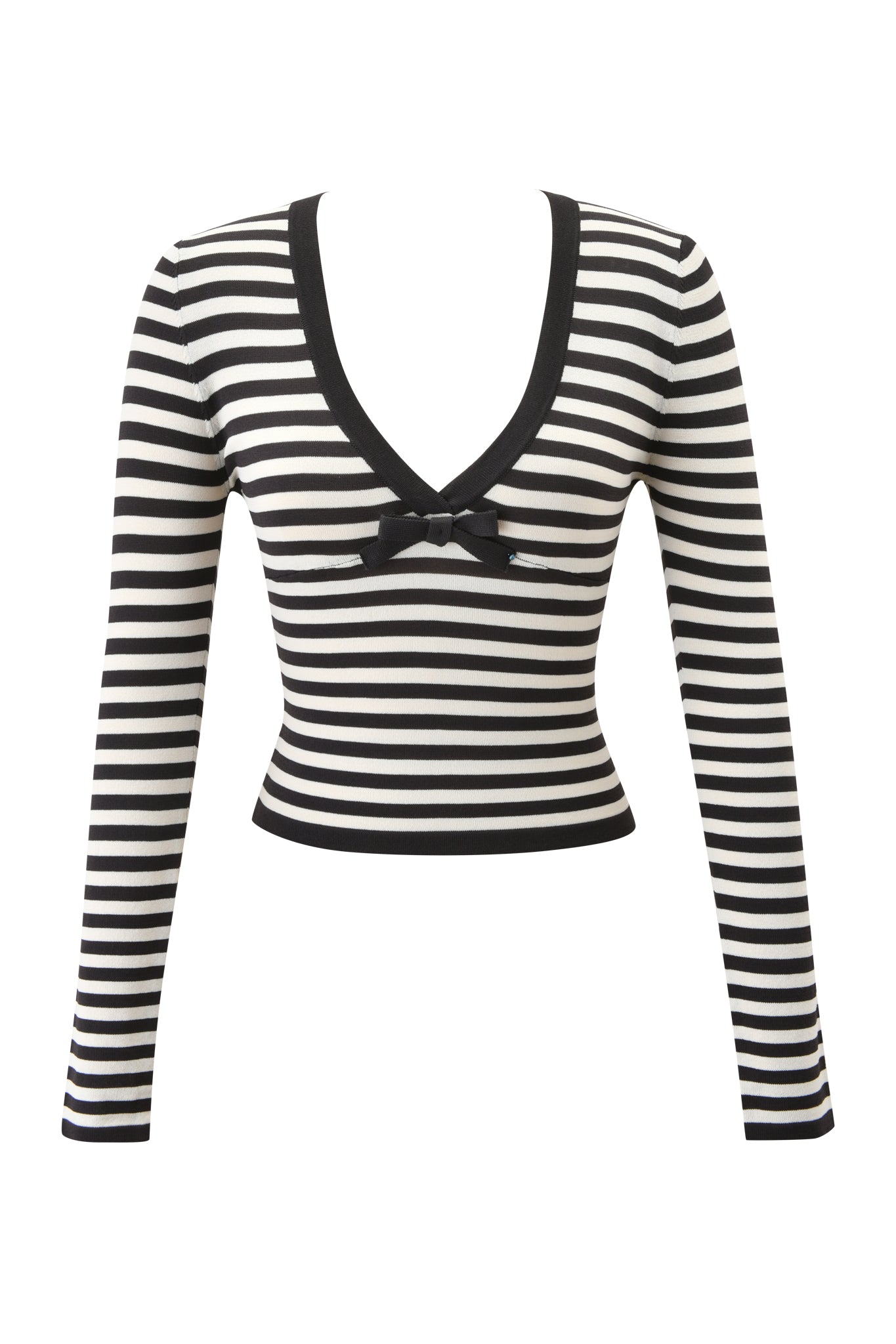 The ZINNIA TOP - BLACK AND CREAM by I.AM.GIA features black and cream stripes, a deep V-neck with black trim, a small chest bow, long sleeves, and a fitted cropped silhouette for a chic look.