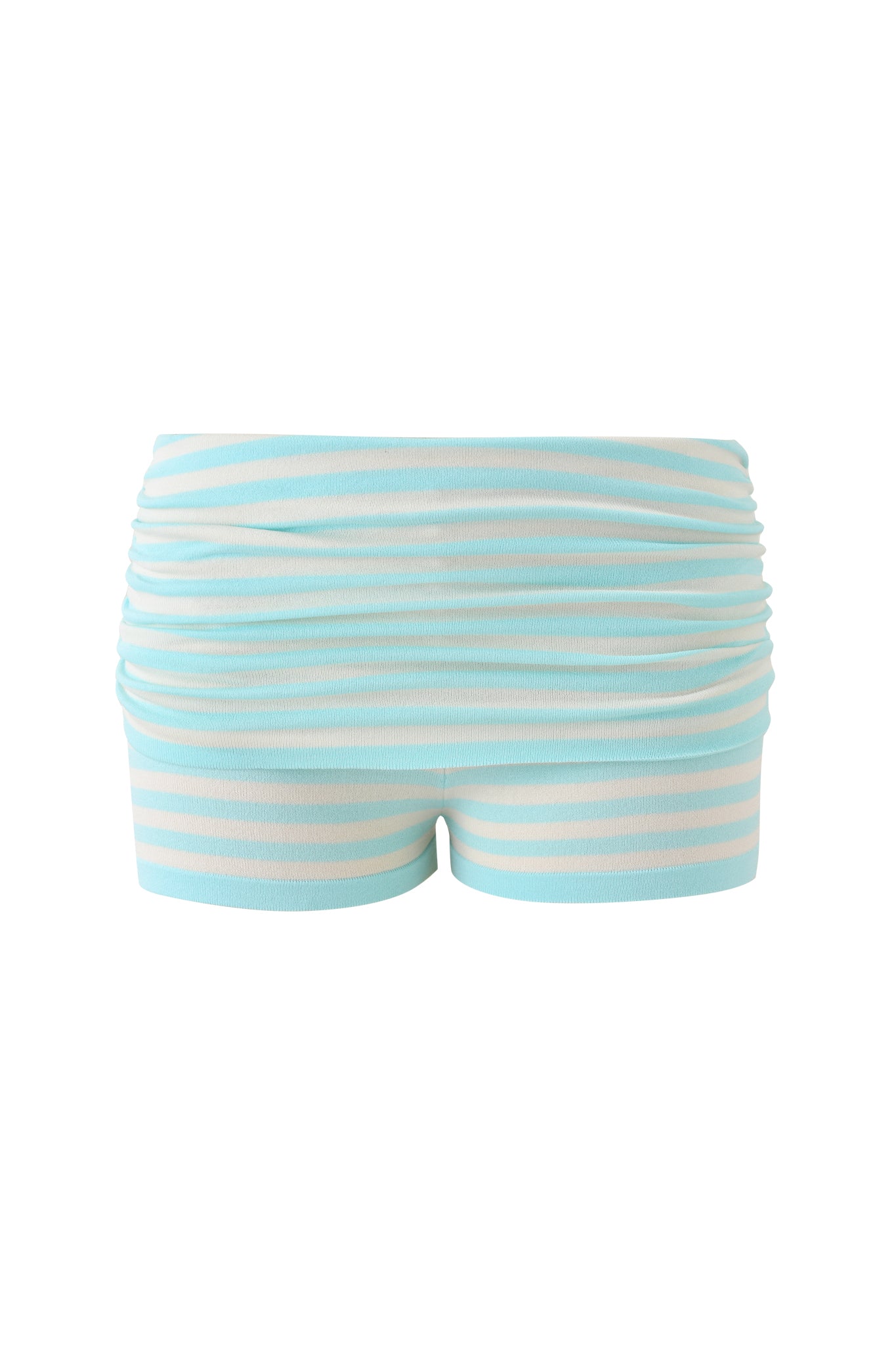 The ZINNIA SHORT by I.AM.GIA features blue and ivory horizontal stripes, a bodycon fit, micro short length, and a ruched high-waisted foldover waistband, shown against a plain white background.