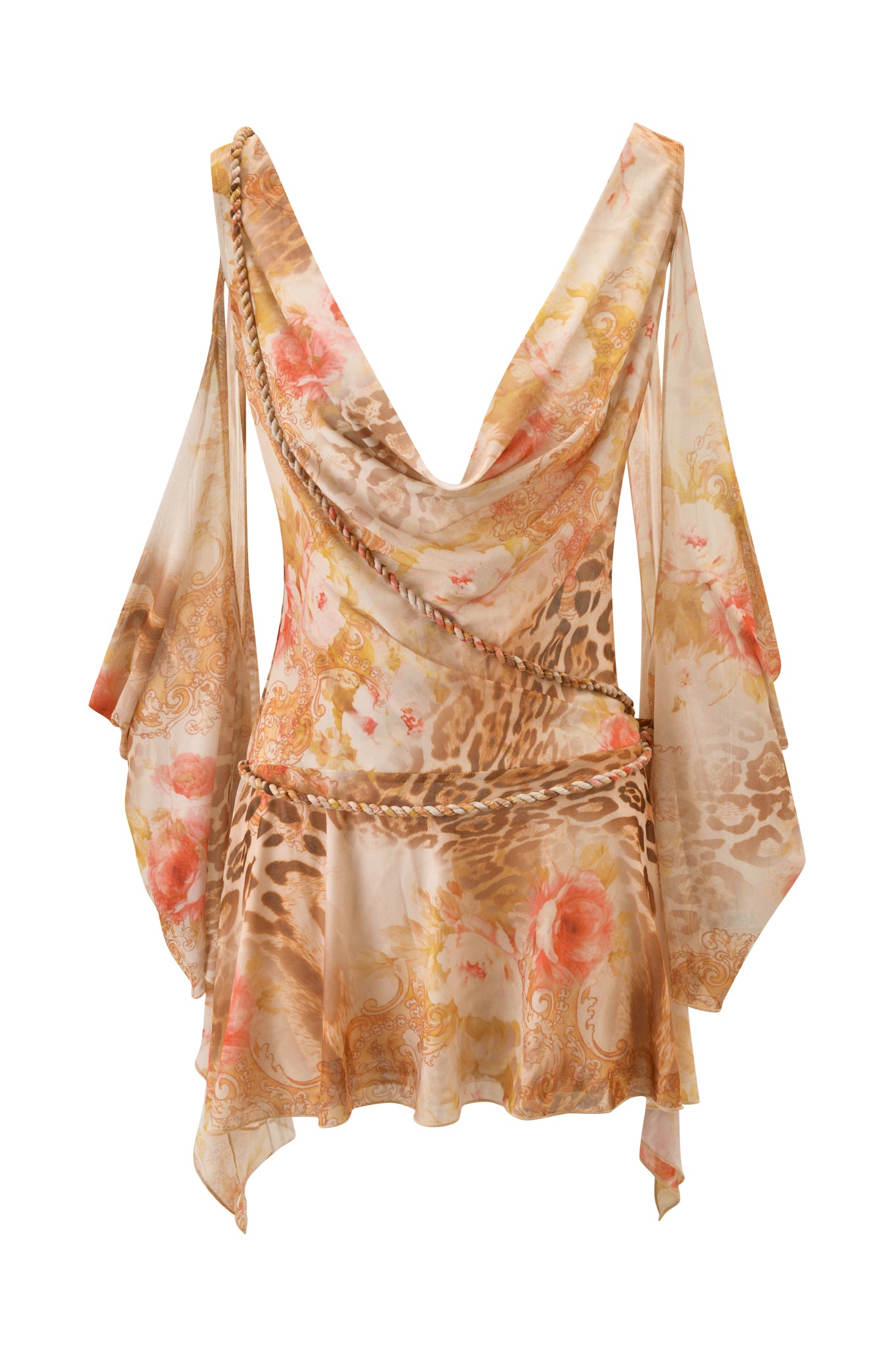 The ERISKA MINI DRESS - DESERT ROSE by I.AM.GIA is a flowy mesh mini dress with an off-shoulder cowl neckline, draped sleeves, and asymmetrical hem. Features a soft peach, pink, and beige floral animal print for an elegant look.