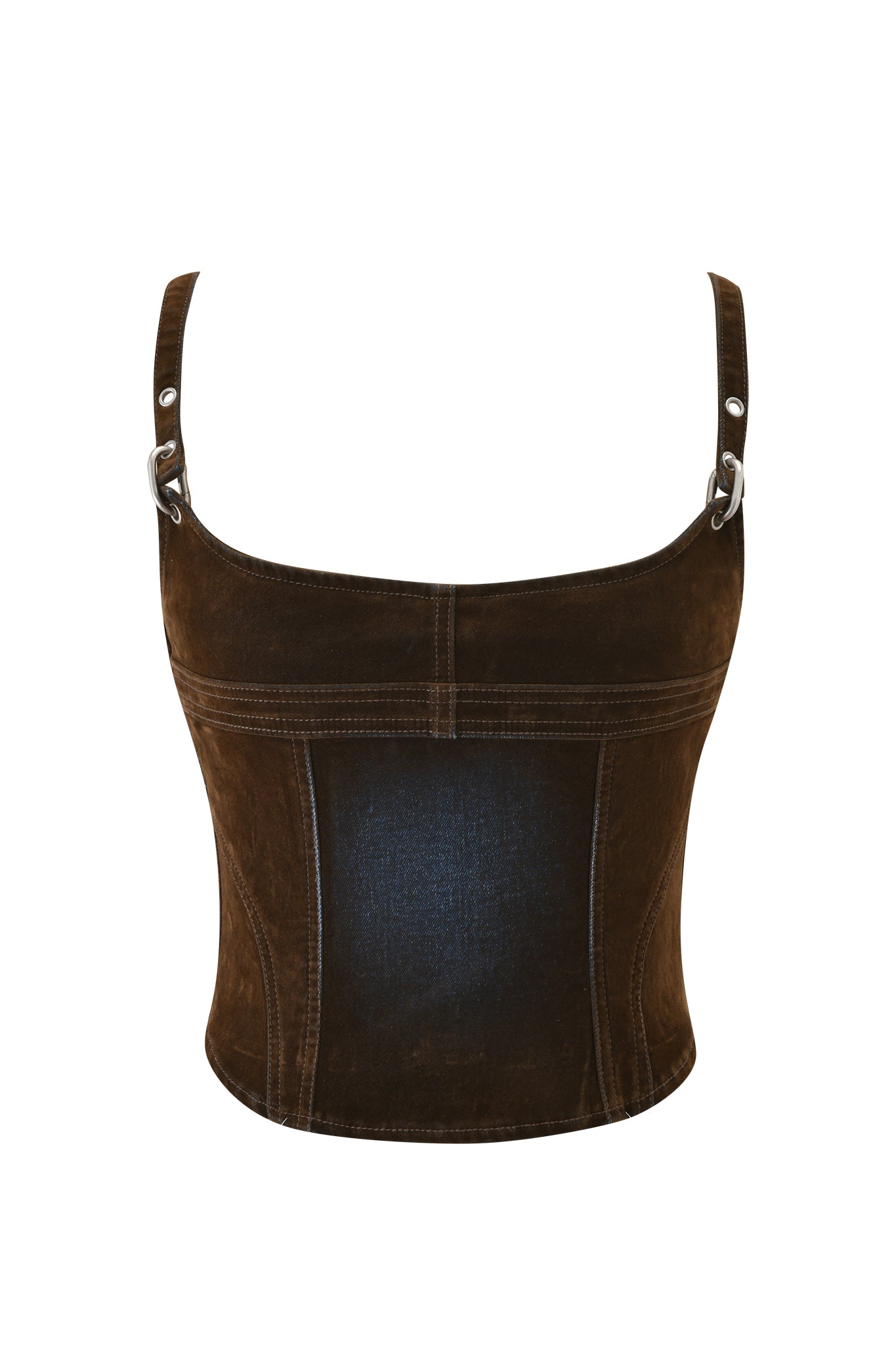 The VIVAINE DENIM CORSET TOP by I.AM.GIA features a neutral brown sueded finish, wide straps with metal buckles, and visible stitching for a vintage brushed look. Displayed against a white background.