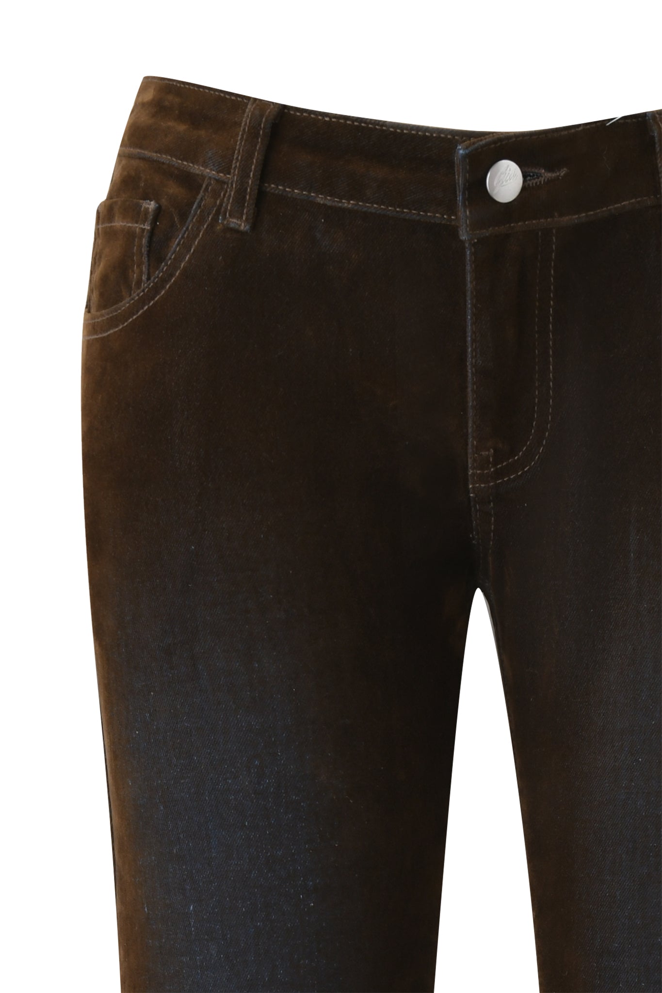 Close-up of the VIVAINE DENIM PANT - NEUTRAL by I.AM.GIA, showing vintage-inspired brown fabric, front waistband, button, zipper, pockets, and contrasting white stitching against a plain white background.