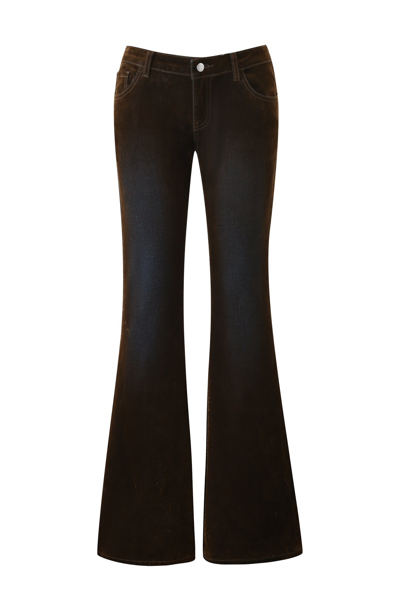 The I.AM.GIA VIVAINE DENIM PANT - NEUTRAL is a high-waisted, dark brown flared jean with white stitching, front/back pockets, button closure, and a vintage brushed look, shown on a white background.