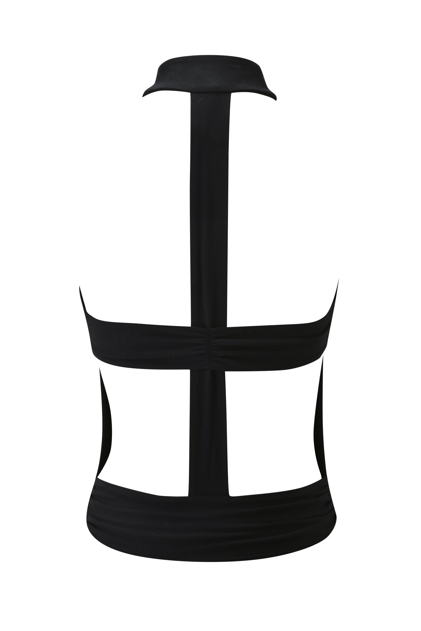 The SERREN TOP - BLACK by I.AM.GIA is a black cowl neck halter top in soft viscose jersey with a fitted waist, single wide spine strap, and horizontal back bands for a bold geometric cut-out look.