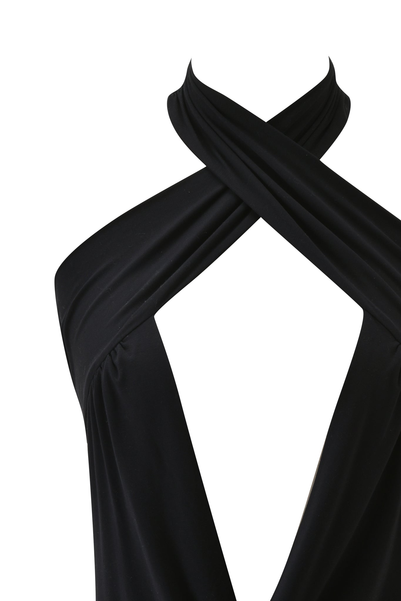 A close-up of the SERREN TOP - BLACK by I.AM.GIA, featuring a black cowl neck halter with a crisscross front and diamond-shaped chest cutout in soft viscose jersey that drapes elegantly over the shoulders.