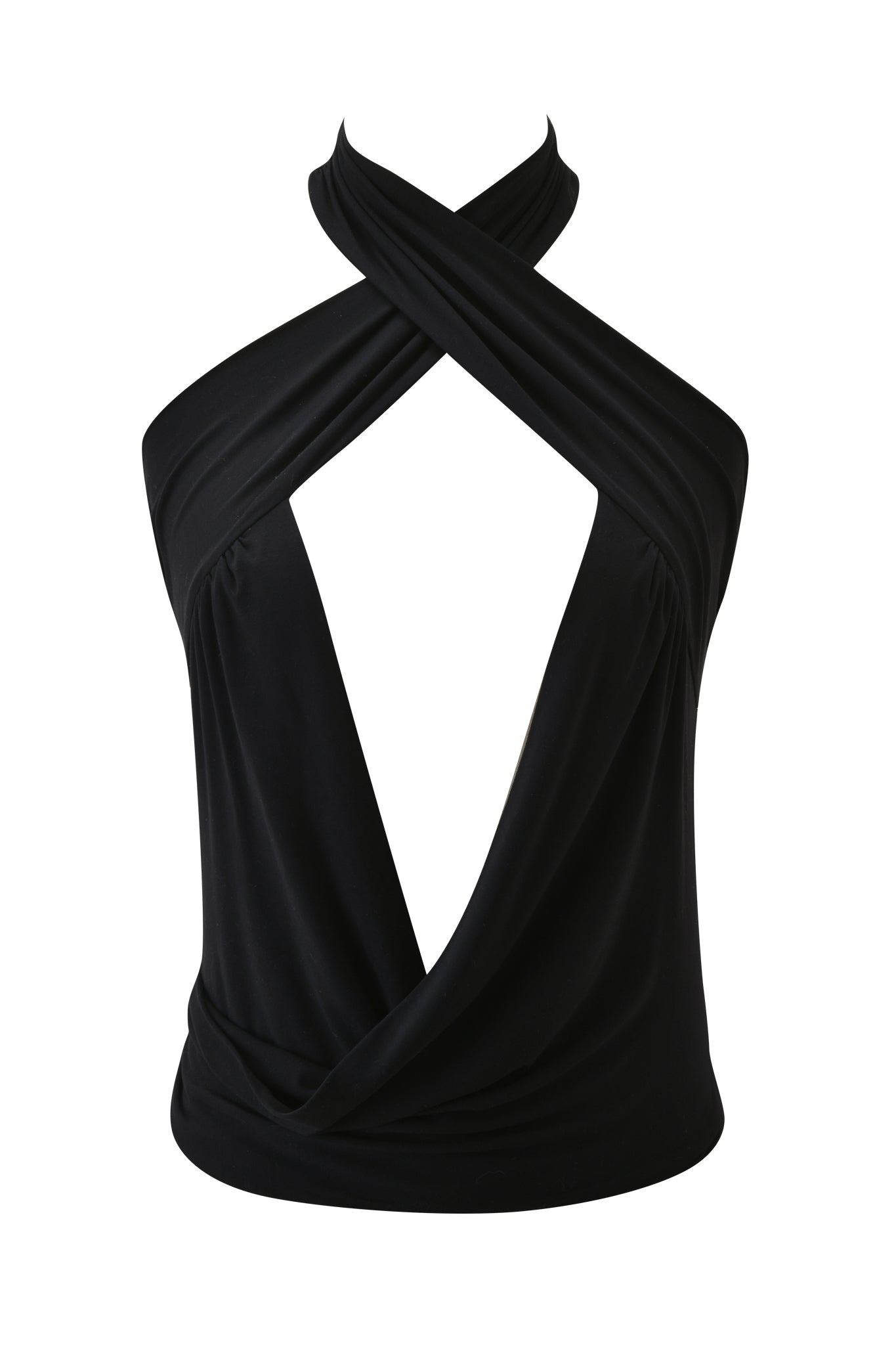 The SERREN TOP - BLACK by I.AM.GIA is a sleeveless cowl neck halter with a crisscross neckline and deep V-shaped front cutout, made from soft viscose jersey and finished with a fitted waist for a flattering silhouette.