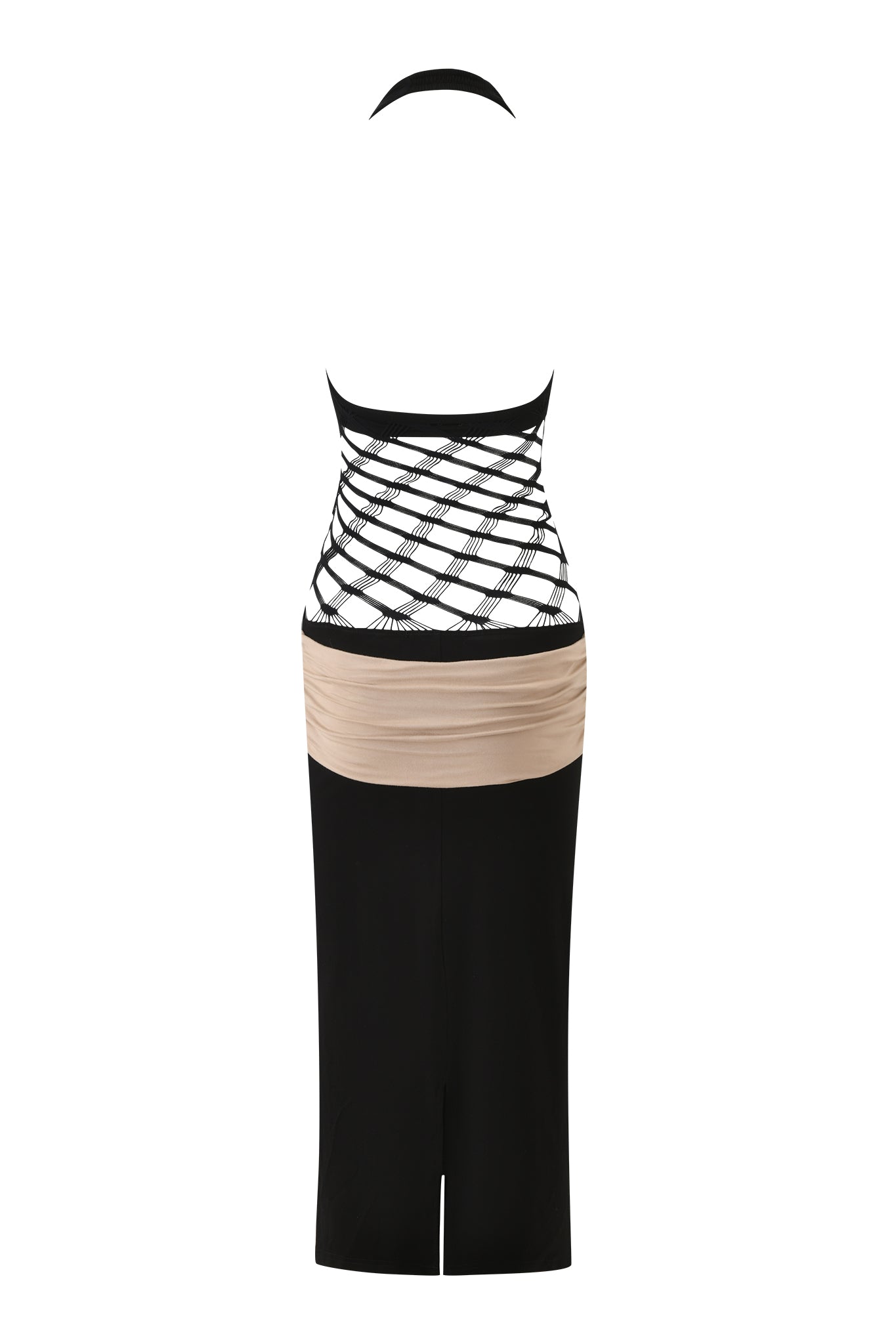 The ZOREEN MIDI DRESS by I.AM.GIA is a black halter midi dress with a fishnet bodice panel, lattice open back, beige ruched midsection, and straight knee-length skirt with a center slit.