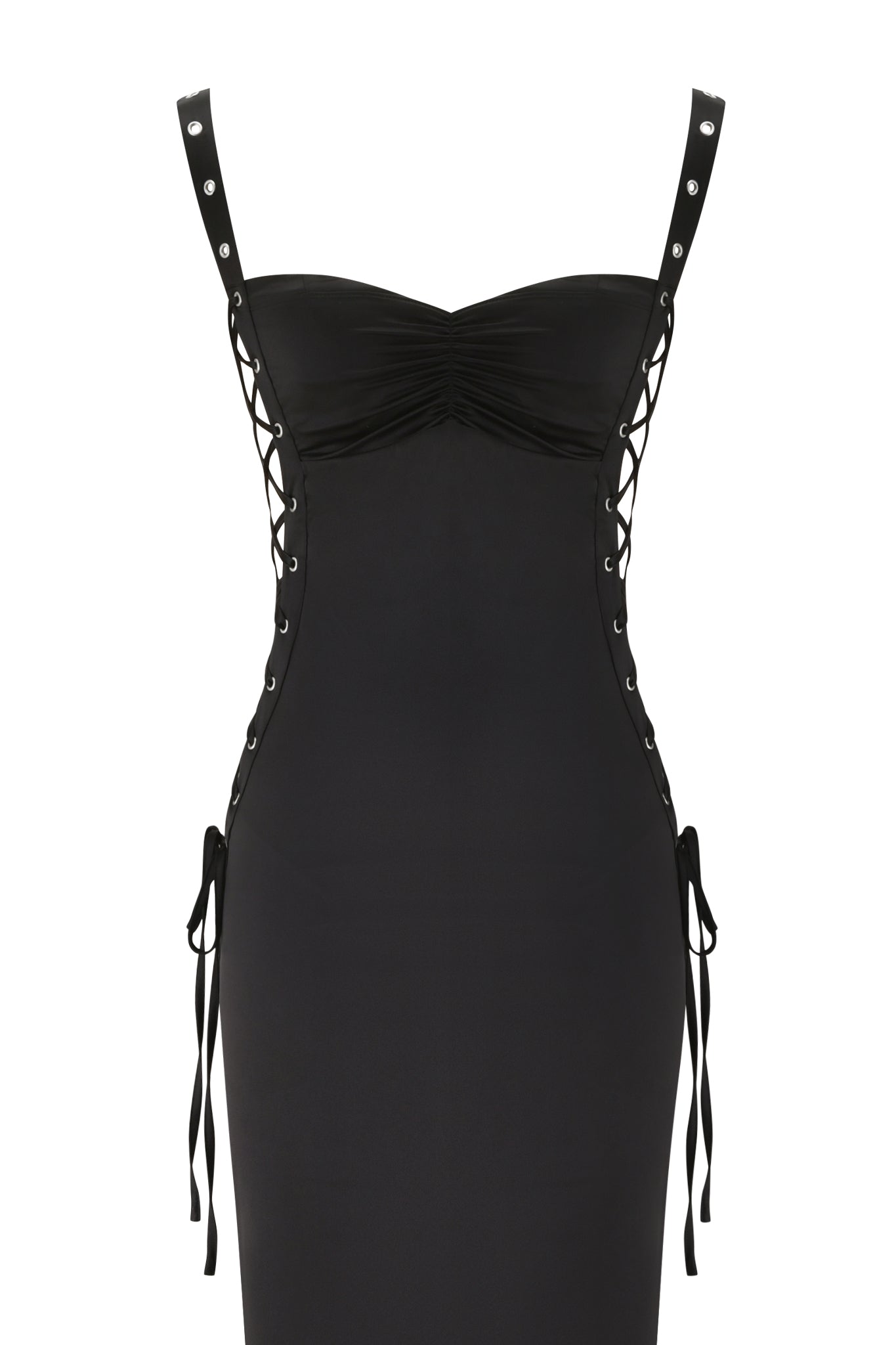 The ASHLEE MAXI DRESS by I.AM.GIA is a black stretch satin maxi with a sweetheart neckline, ruched bust, lace-up sides, grommet straps, ribbon waist ties, and a chic bodycon fit.