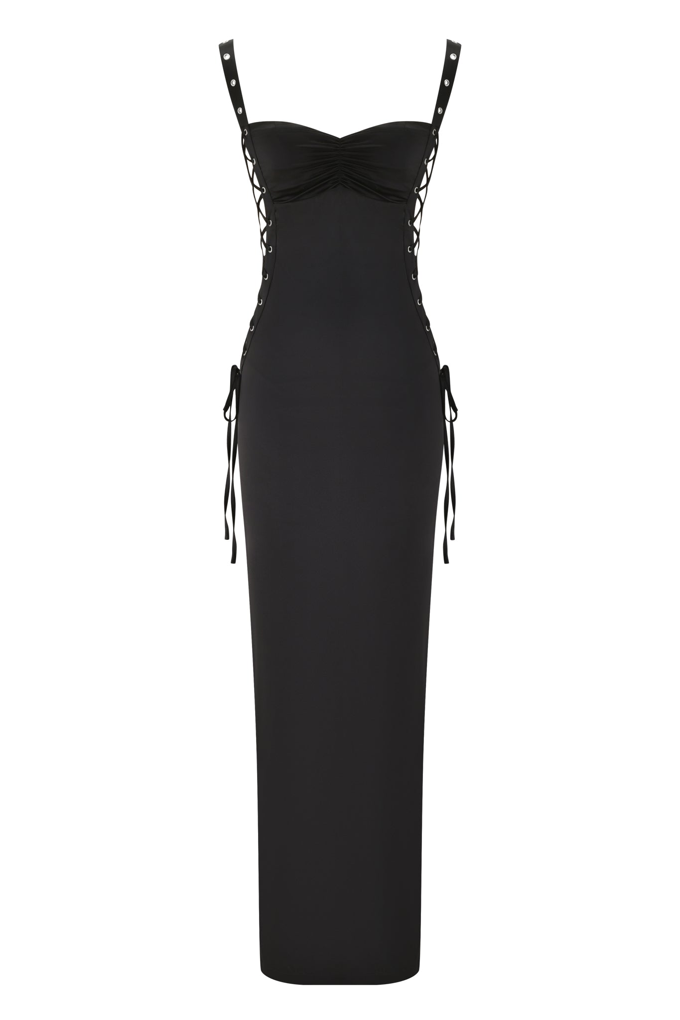 The ASHLEE MAXI DRESS - BLACK by I.AM.GIA is a sleek stretch satin maxi dress with a bodycon fit, lace-up sides, thin straps, ruched bust, sweetheart neckline, and waist ties for an elegant silhouette.