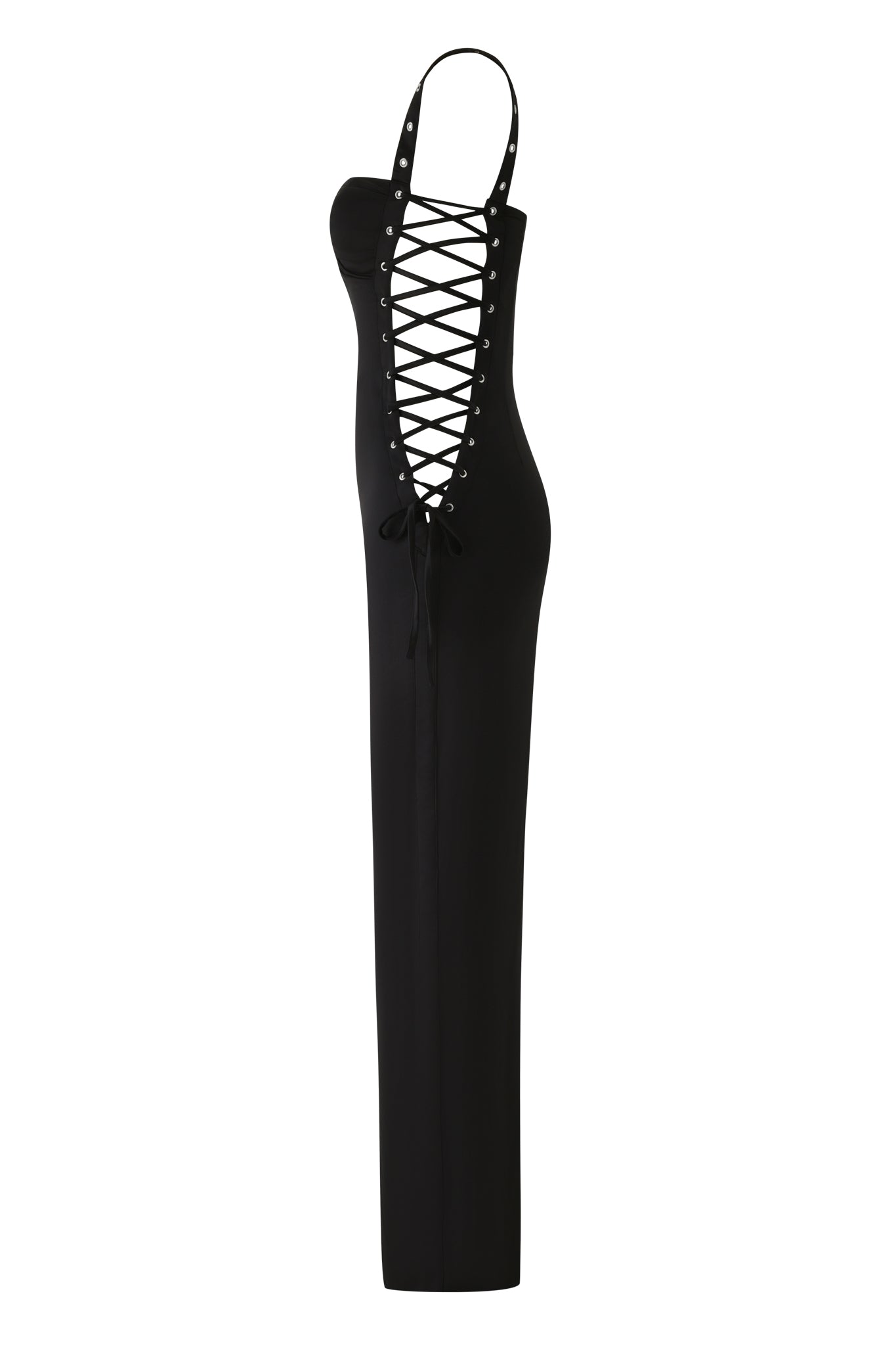 The ASHLEE MAXI DRESS - BLACK by I.AM.GIA is a sleeveless, fitted black stretch satin maxi with a sweetheart neckline, striking lace-up front with metal eyelets from chest to waist, and bold bodycon silhouette.