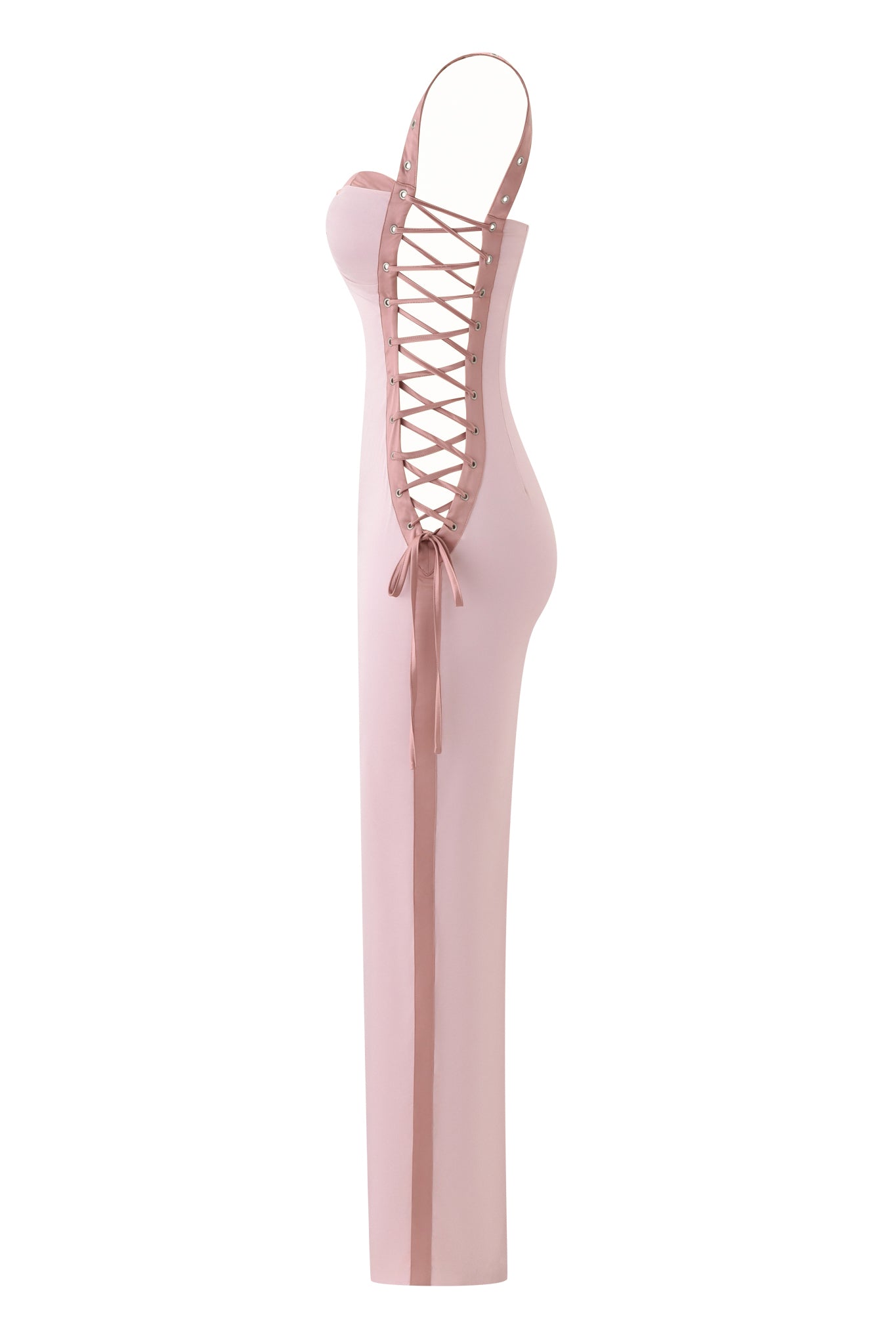 The ASHLEE MAXI DRESS by I.AM.GIA is a form-fitting, light pink maxi dress with a sweetheart neckline, studded trim, stretch satin fabric, lace-up ribbon back, and thin straps.