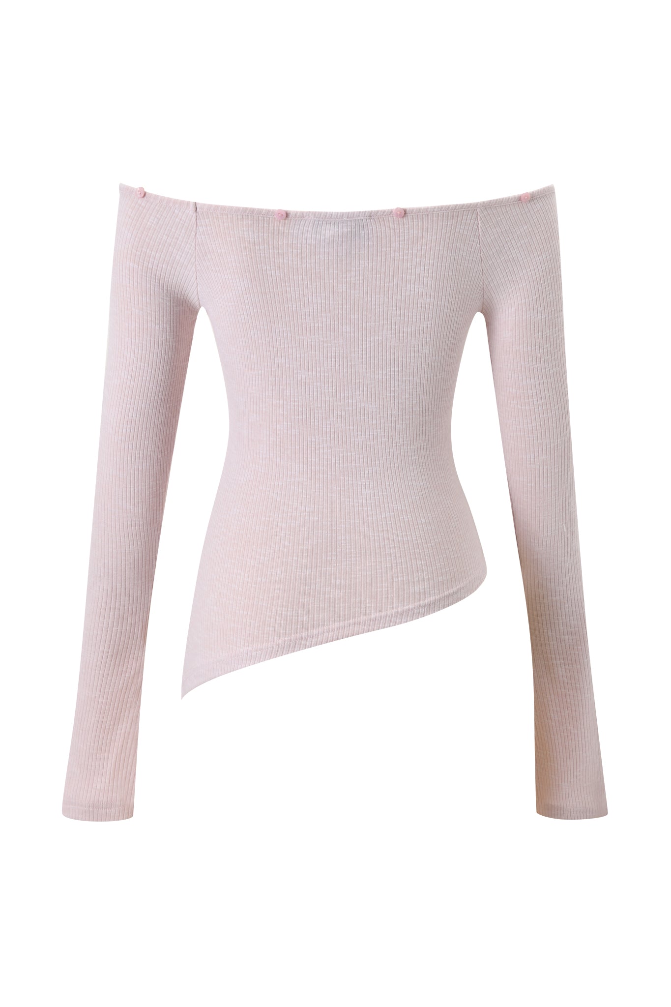 The CECILY TOP - PINK by I.AM.GIA is a light pink ribbed off-shoulder long sleeve top with an asymmetrical hem, fitted shape, decorative pink accents at the neckline, and a removable faux fur collar for versatile styling.