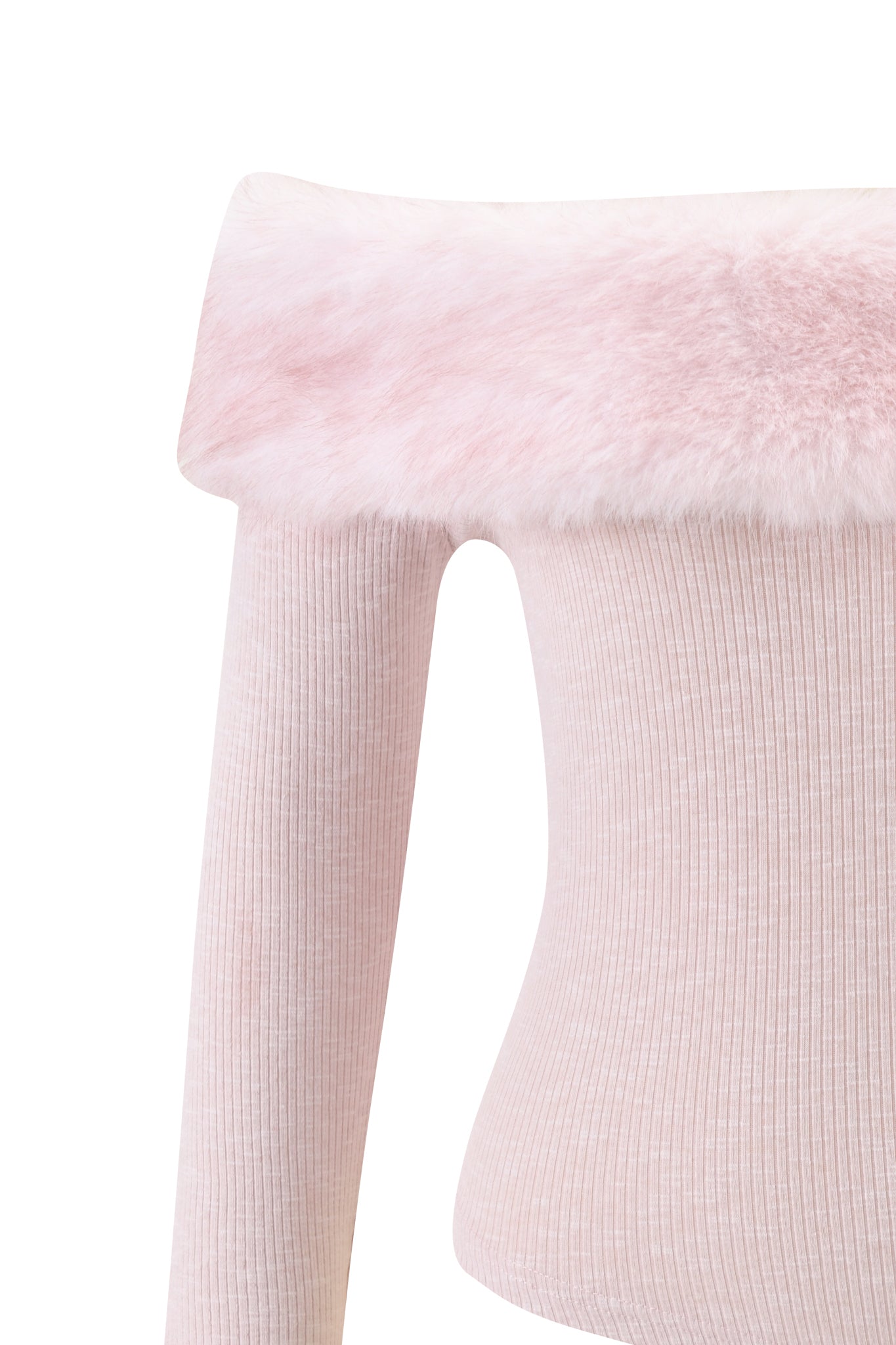 The CECILY TOP - PINK by I.AM.GIA is a fitted, elegant off-shoulder long sleeve top in light pink ribbed fabric, featuring a soft, removable faux fur collar along the neckline.