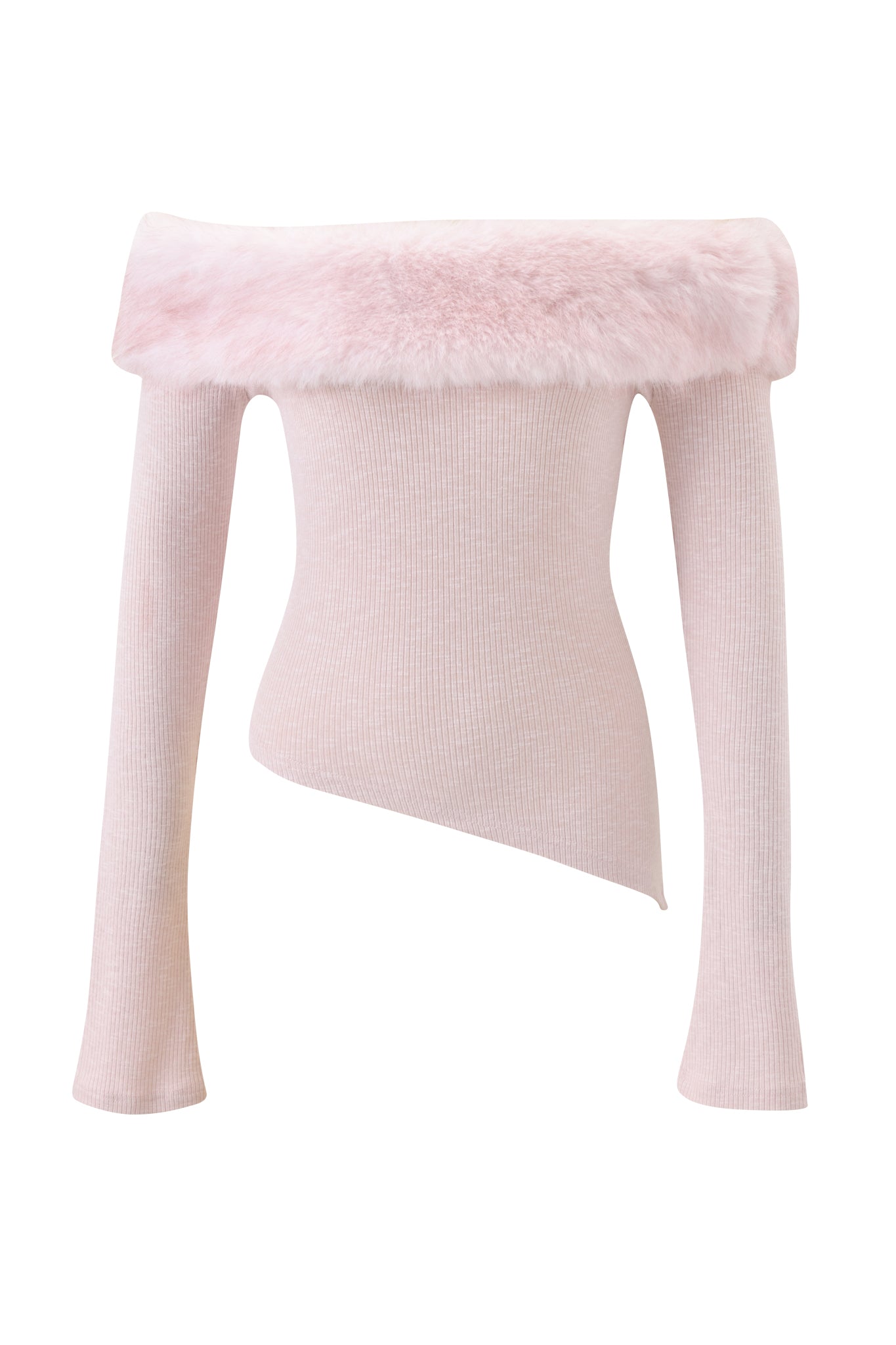 The CECILY TOP by I.AM.GIA is a light pink, off-shoulder long sleeve top with a ribbed texture, wide removable faux fur collar at the neckline, and an asymmetrical hem.