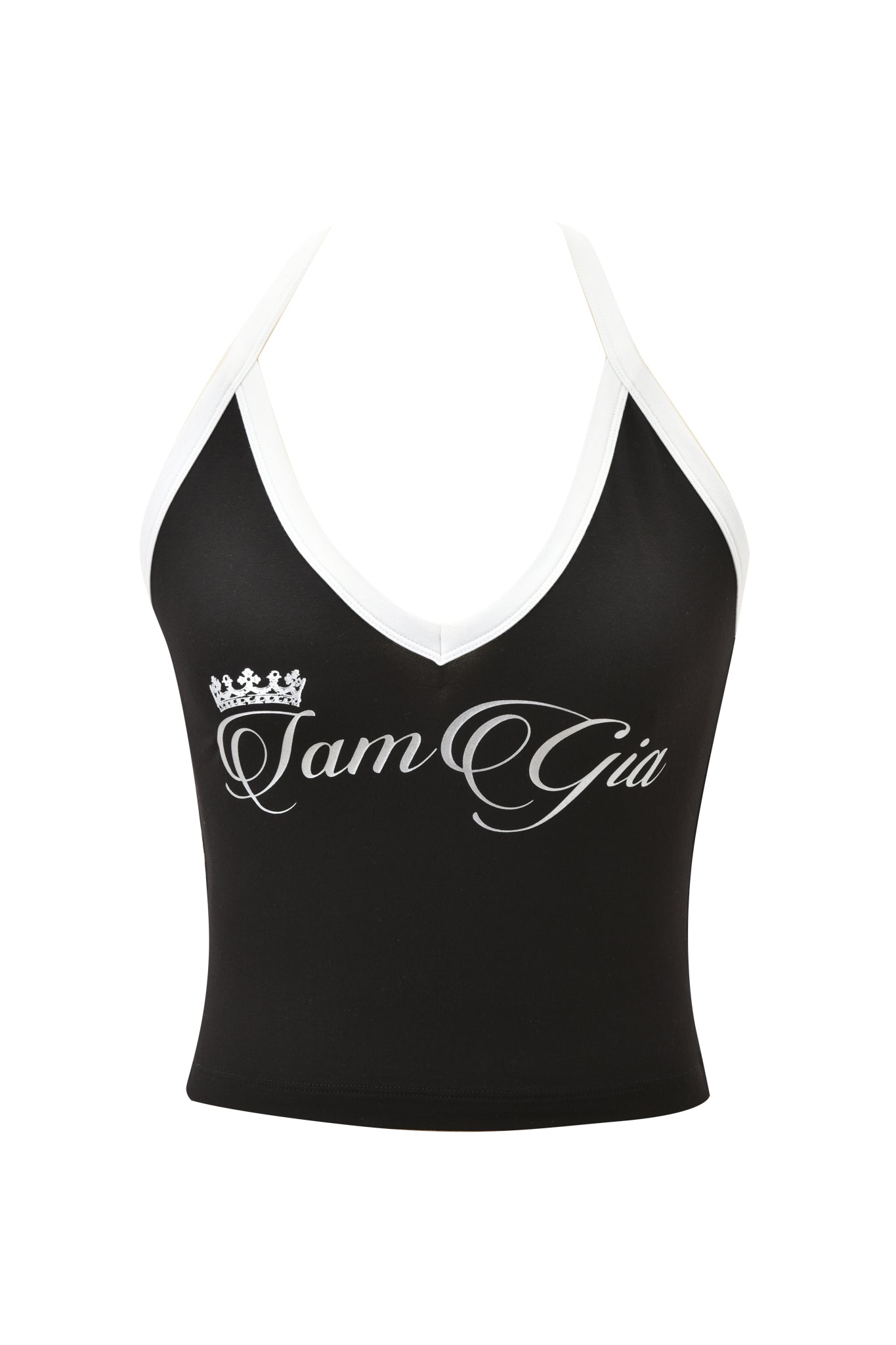 The BLARE V-NECK TANK by I.AM.GIA is a black and white halter crop top with a deep V-neck, body-hugging fit, and "I.AM.GIA" cursive text with a crown graphic on the left.
