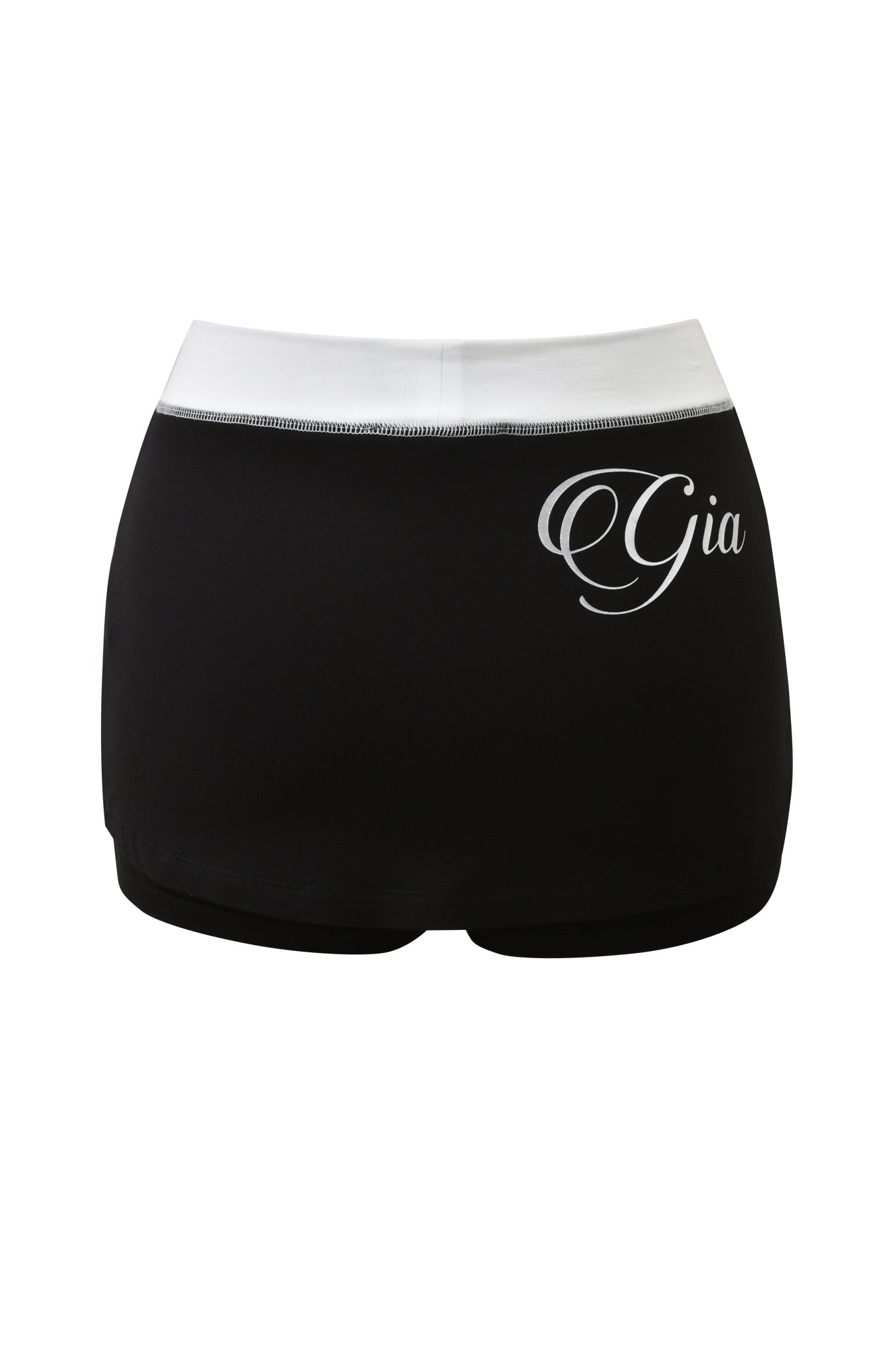 The BLARE MICRO SKORT – BLACK AND WHITE by I.AM.GIA features a wide white waistband, "Gia" cursive on the left hip, and a mid-rise fit in buttery-soft viscose for stylish comfort.