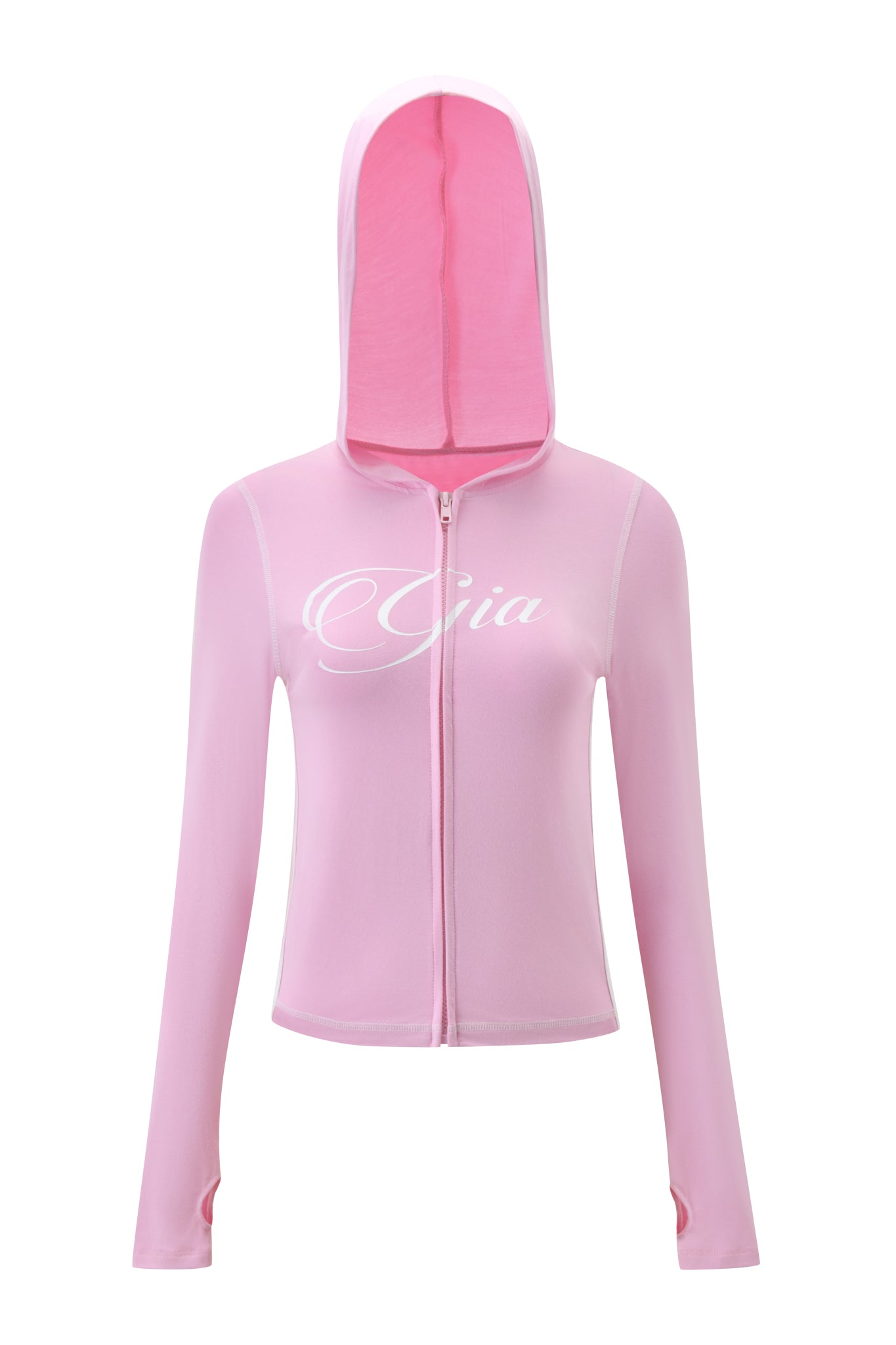 The I.AM.GIA BLARE PIPING HOODIE in baby pink and white is a fitted, long-sleeve zip-up with "Gia" in white script on the chest, sporty details, and a hood lined in matching pink.