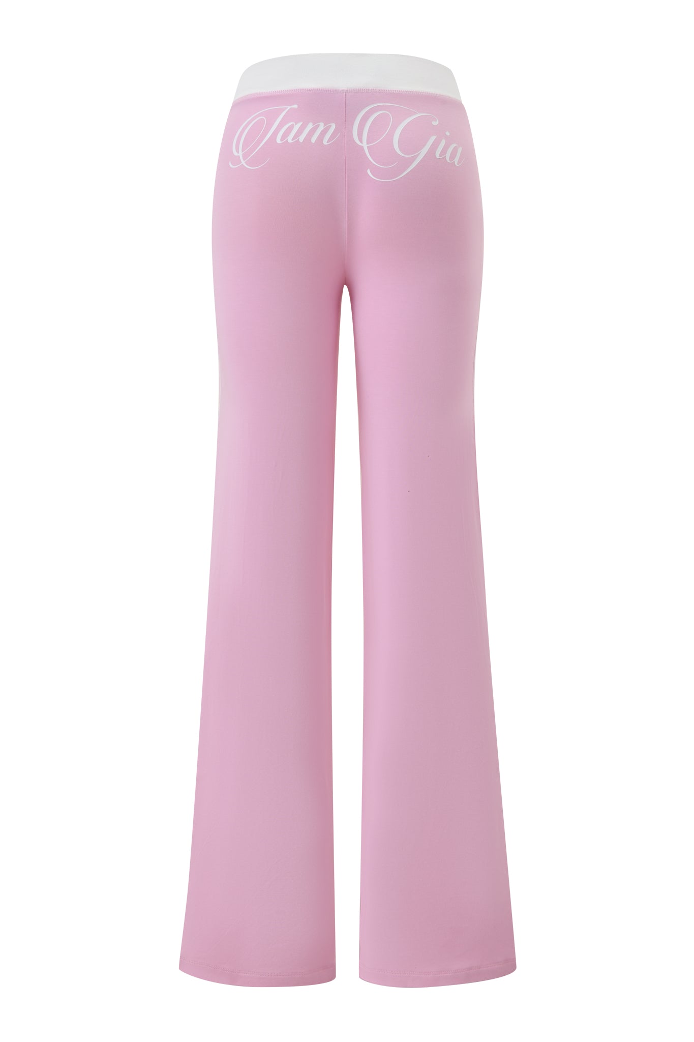 Back view of the BLARE PIPING TRACKPANT in baby pink and white by I.AM.GIA, featuring a white waistband and "I Am Gia" in cursive across the top, crafted from buttery-soft viscose.