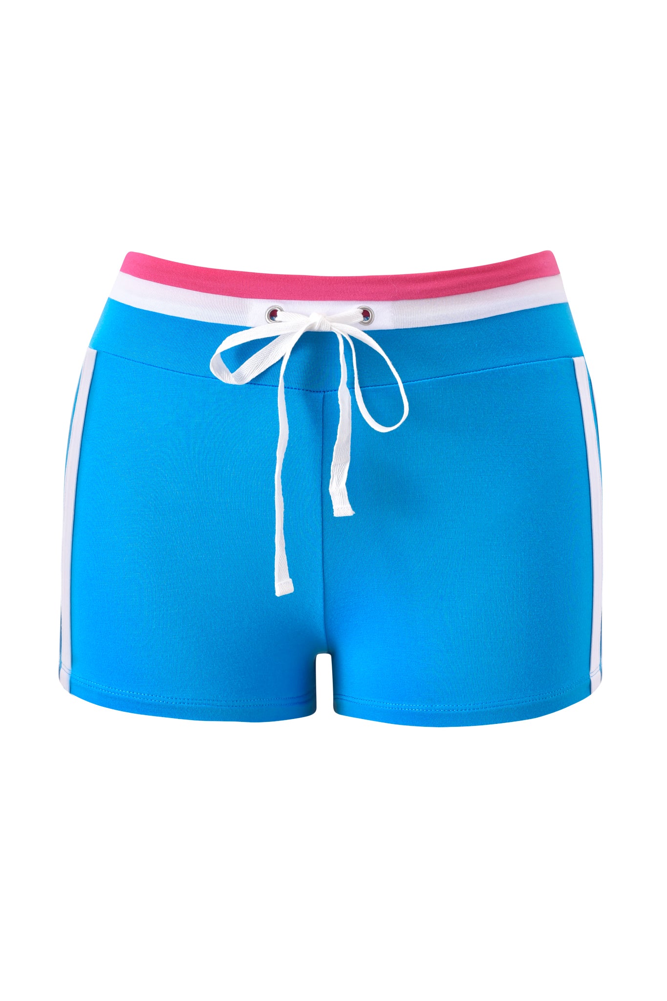 The BLARE STRIPED SHORT - SKY BLUE by I.AM.GIA features a sporty micro-short style with white side stripes, a pink and white elastic waistband, and a front white drawstring, shown against a plain white background.