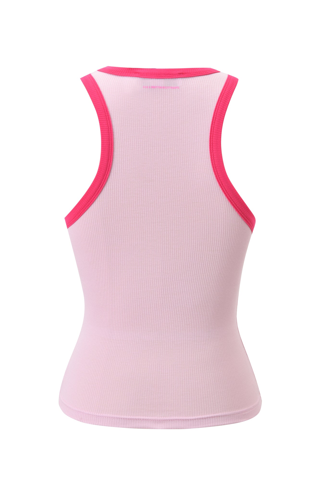 The POLINA TANK - IMY by I.AM.GIA is a sleeveless, rib knit light pink tank with bright pink trim at the neck and armholes, shown from the back against a white background. Part of the I.AM.GIA X NOTTHIRSTTRAPS collection.