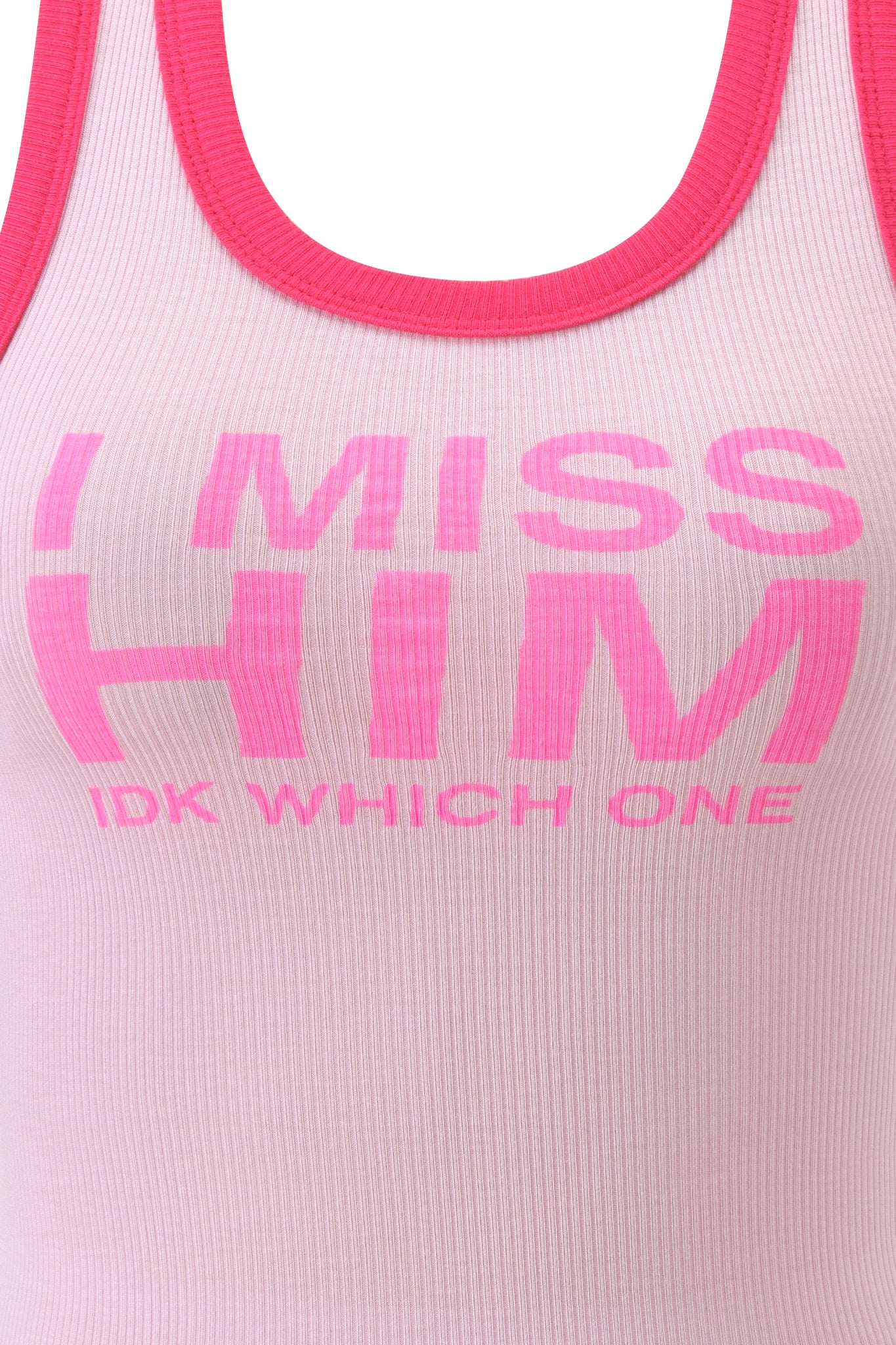 A close-up of the I.AM.GIA POLINA TANK - IMY, a rib knit tank with pink trim and bold pink text reading "I MISS HIM IDK WHICH ONE" from the I.AM.GIA X NOTTHIRSTTRAPS collab.