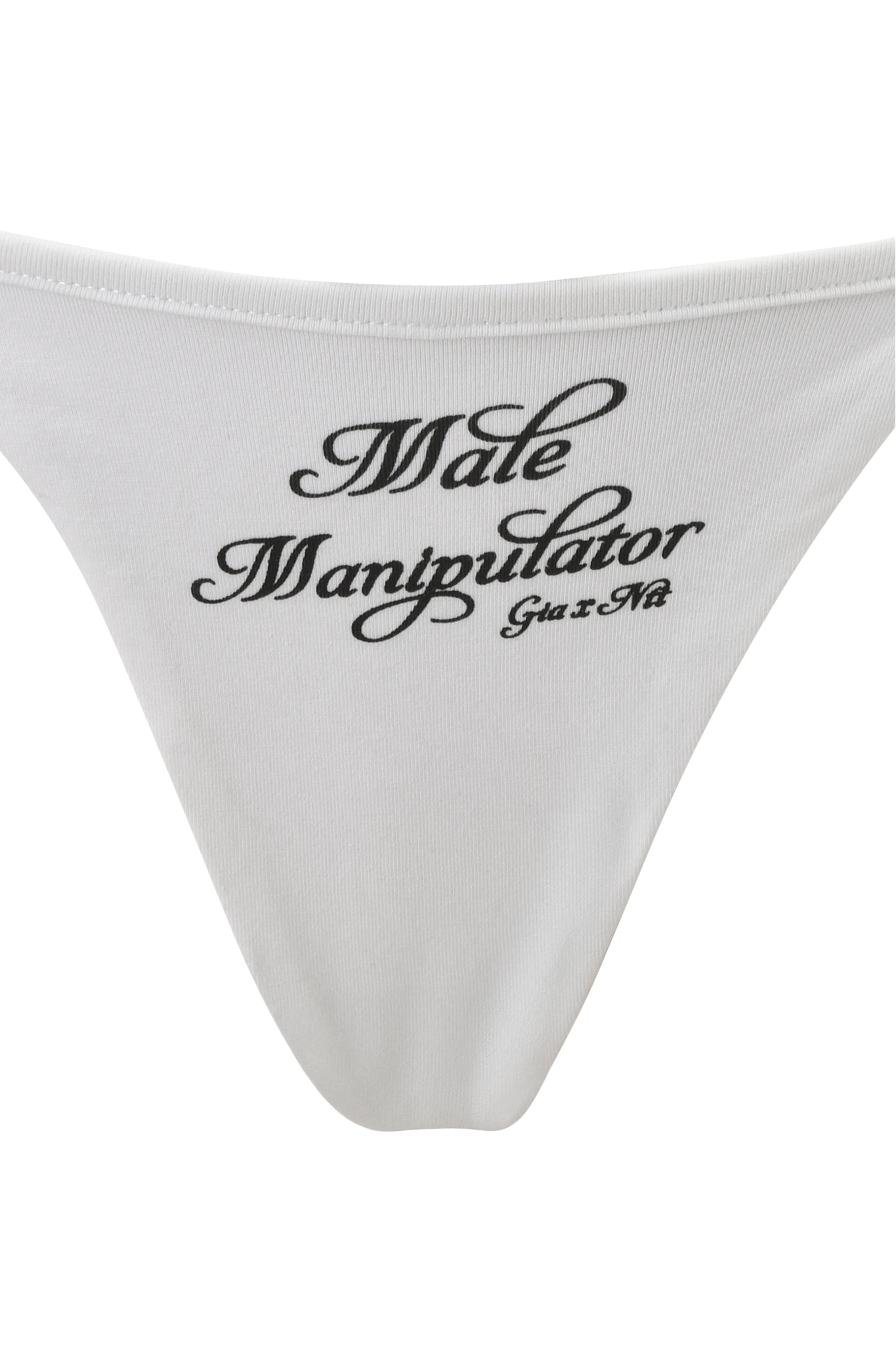 The I.AM.GIA POLINA G-STRING - MANIPULATOR is a white, low-rise g-string featuring "Male Manipulator" in black cursive across the front for a modern, sleek style.