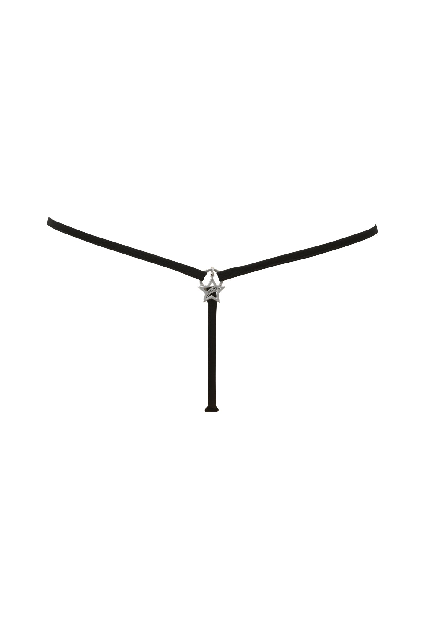 The I.AM.GIA POLINA G-STRING - SCARING MEN is a minimal black micro thong featuring a thin waistband and a silver metallic bow at the front center, shown against a plain white background.