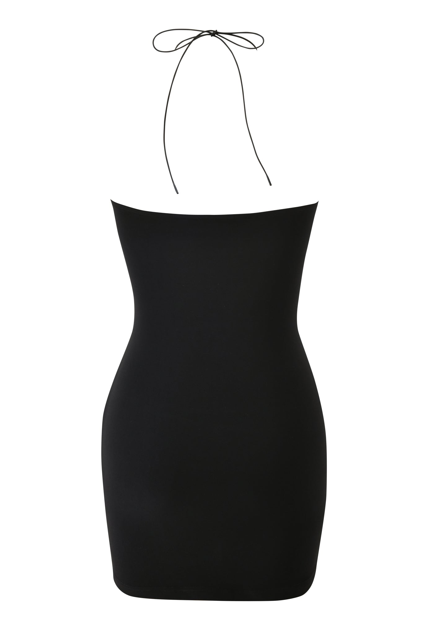 The FENNICK MINI DRESS - BLACK by I.AM.GIA is a sleek black strapless bodycon mini dress with a fitted silhouette and thin halter neck tie, shown against a white background.