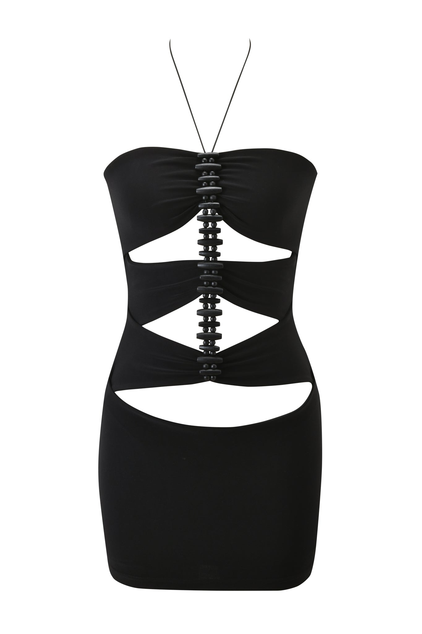 The FENNICK MINI DRESS by I.AM.GIA is a striking black bodycon mini with bold geometric cutouts, linked by black rings and finished with a thin halter neck strap for a standout look.