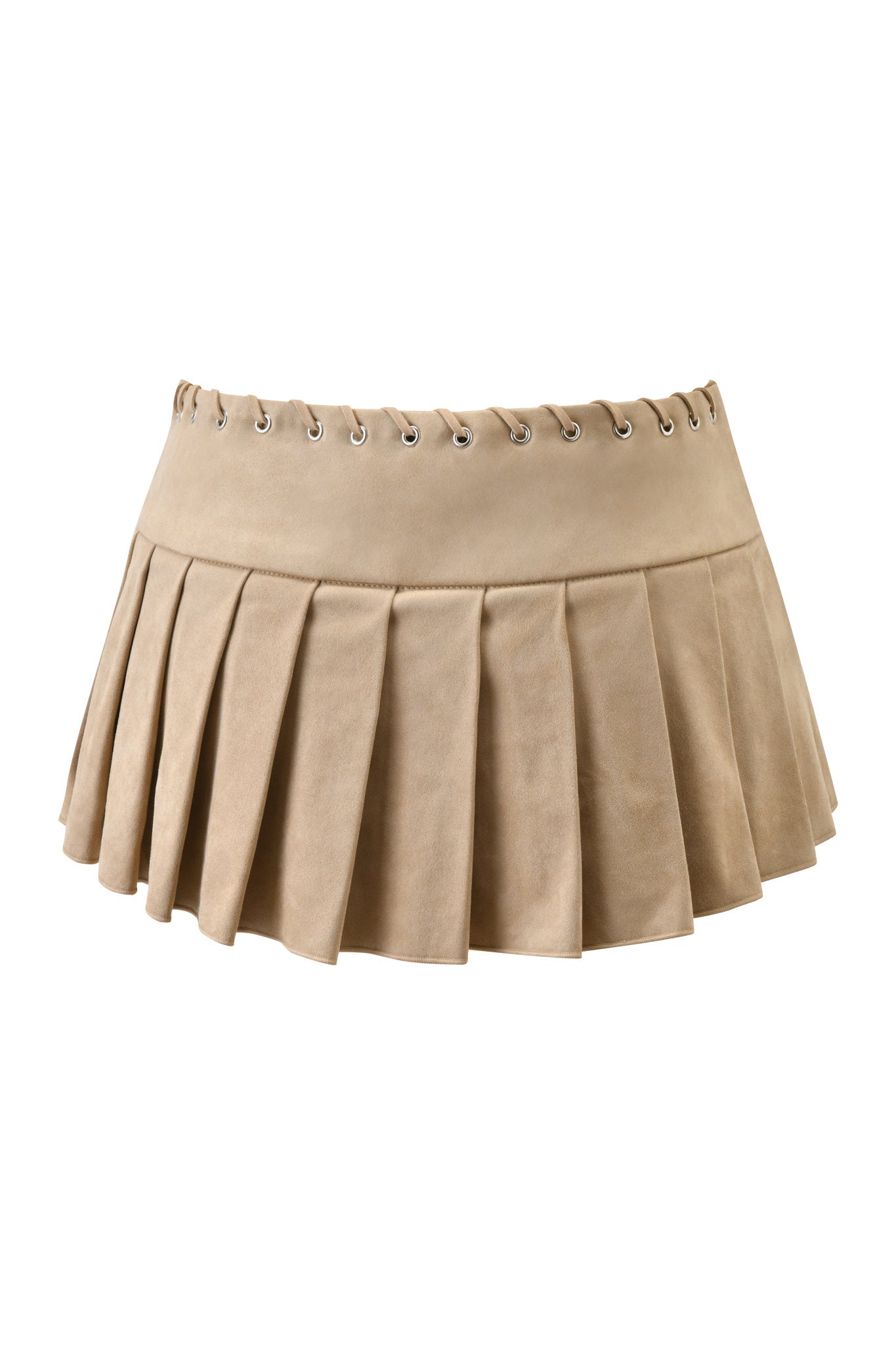 The REMINI SUEDE SKORT - TAN by I.AM.GIA is a tan pleated mini skort with a wide waistband and metal grommet details along the top edge, adding a modern touch to this classic style.