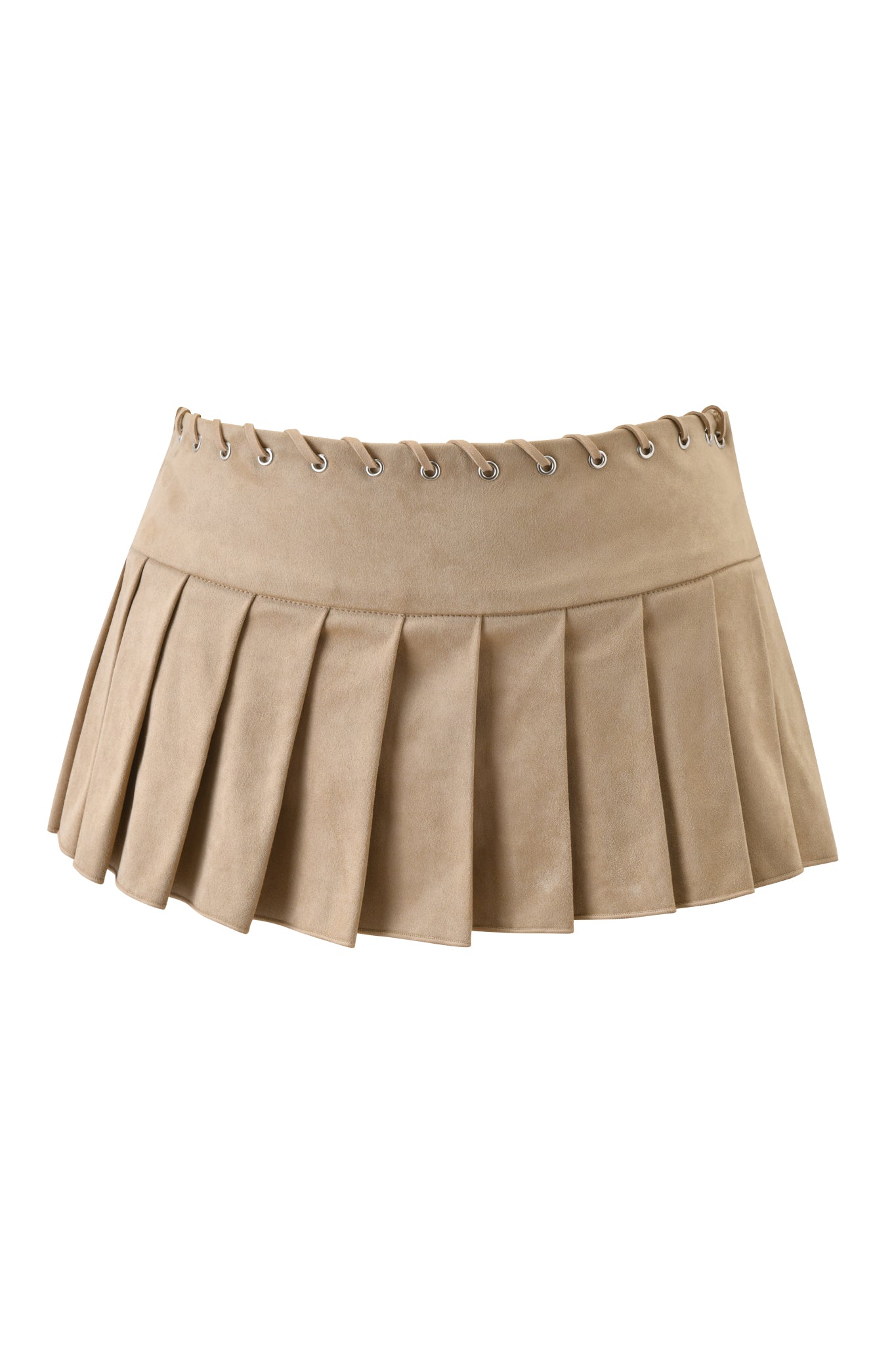 The I.AM.GIA REMINI SUEDE SKORT in tan is a faux suede, pleated mini skort featuring metal eyelets and lace-up detailing at the waistband.