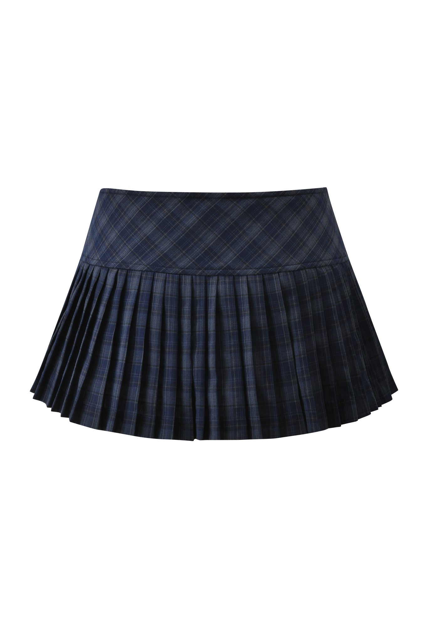The I.AM.GIA ROUX MINI SKORT in blue plaid features a short, pleated design with a low-rise waist, shown against a white background.