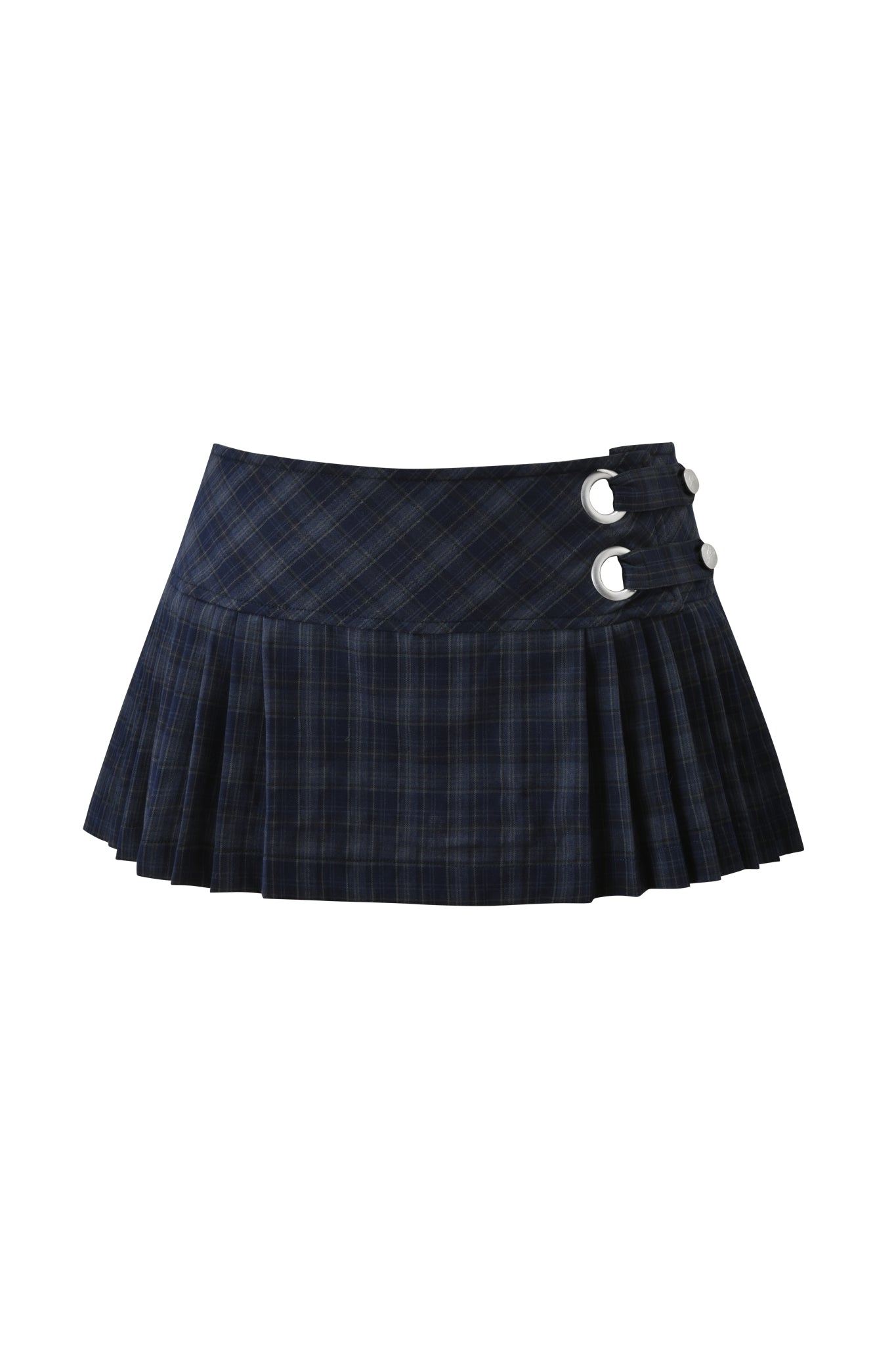 The I.AM.GIA ROUX MINI SKORT in blue plaid is a low-rise micro mini skort with sharp pleats and two silver buckles on the right, shown on a white background.