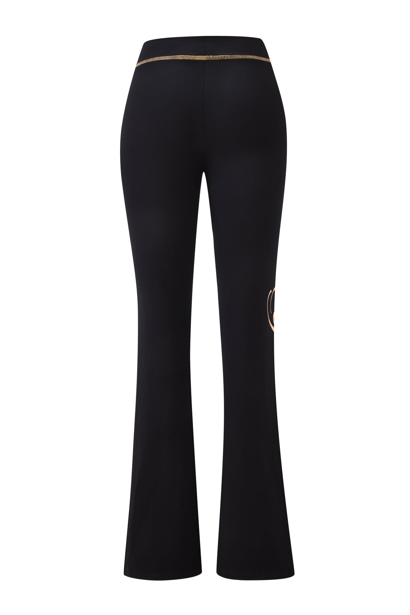 The I.AM.GIA BLARE FORM TRACKPANT in black and gold features sculpted Form fabric, gold stitching at the waistband, a subtle gold embroidered detail on the thigh, and a high-waisted, flared, body-hugging silhouette shown from the back.