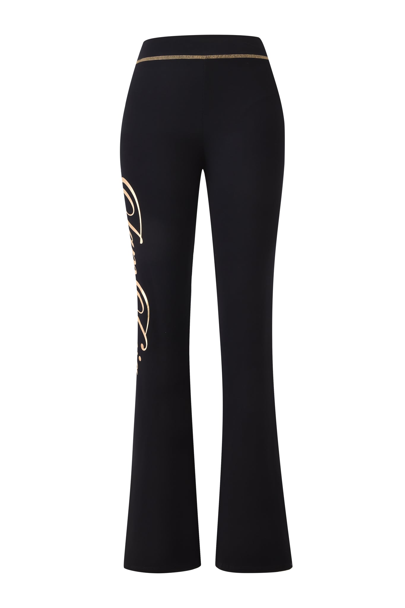 The BLARE FORM TRACKPANT - BLACK AND GOLD by I.AM.GIA features a body-hugging flared fit in sculpted Form fabric, with gold stitching on the waistband and gold script lettering down one thigh. Shown against a white background.