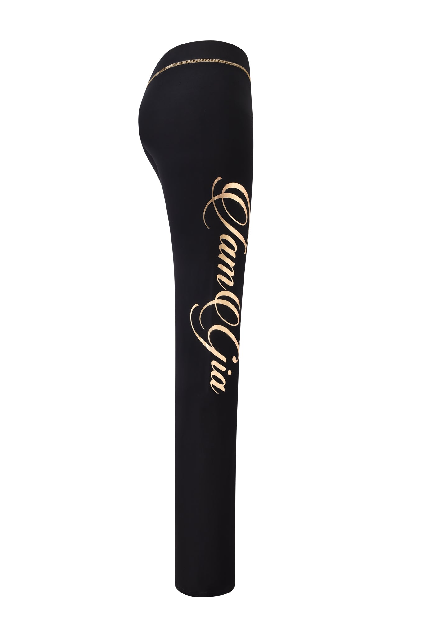 The BLARE FORM TRACKPANT by I.AM.GIA is shown in black and gold, featuring large gold script along the outer leg, a body-hugging fit, and sculpted Form fabric for a sleek side-profile look.
