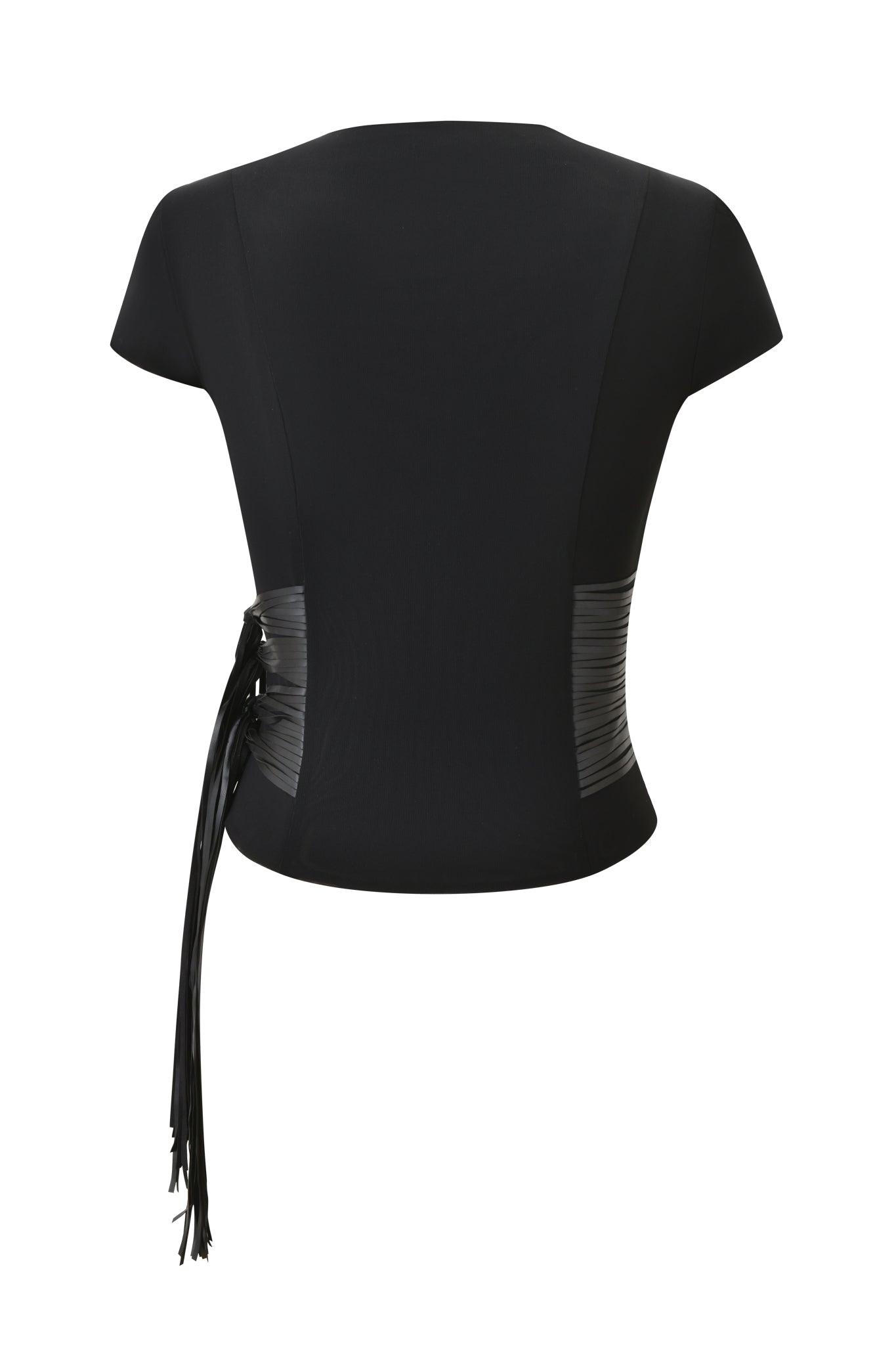 Back view of the ISELDA FRINGE TOP - BLACK by I.AM.GIA, featuring fitted seams, pleated faux leather side panels, and long fringe cascading from the left side.
